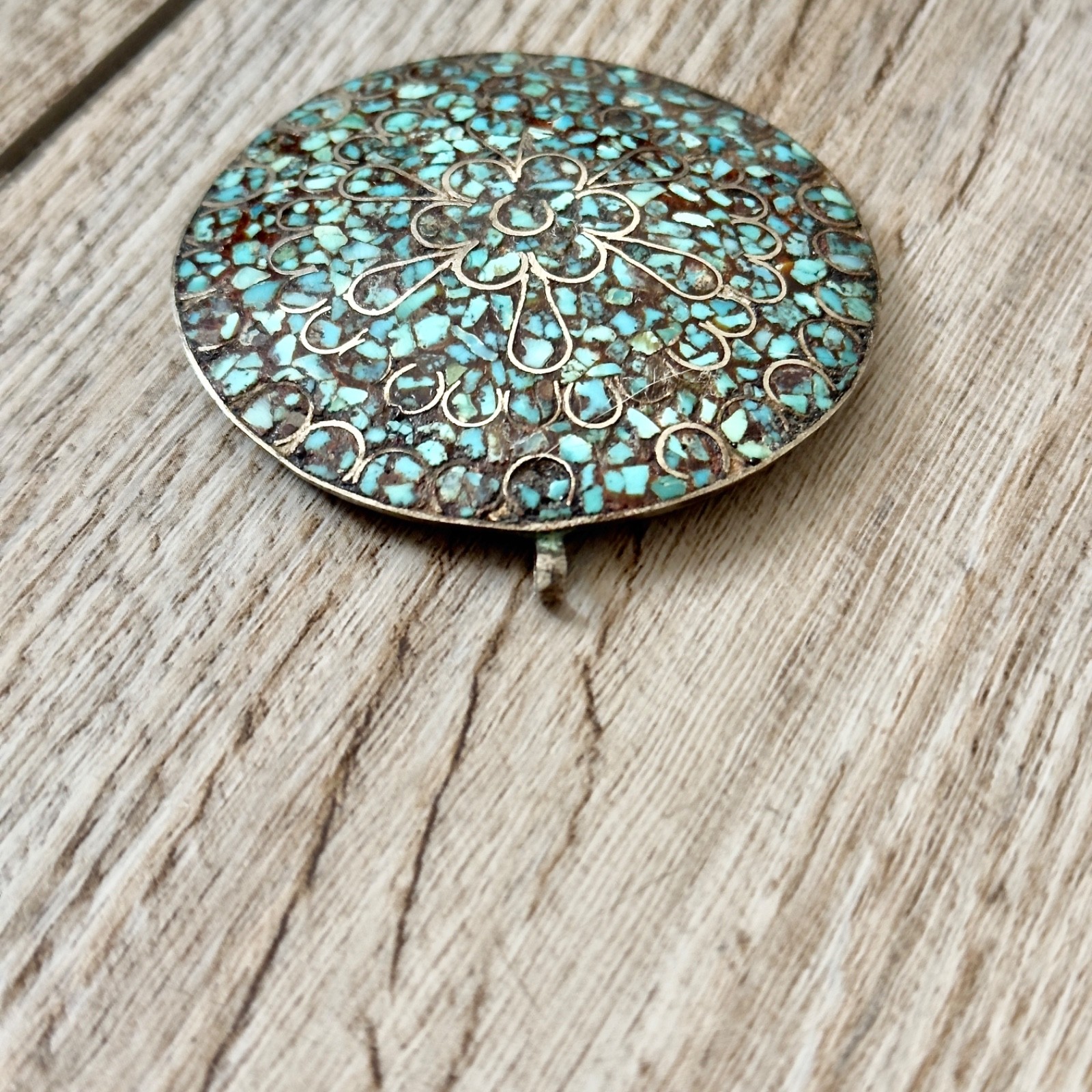 Vintage Mosaic Stone Chip Inlay Round Pendant Turquoise? Silver Tone Wire Work
