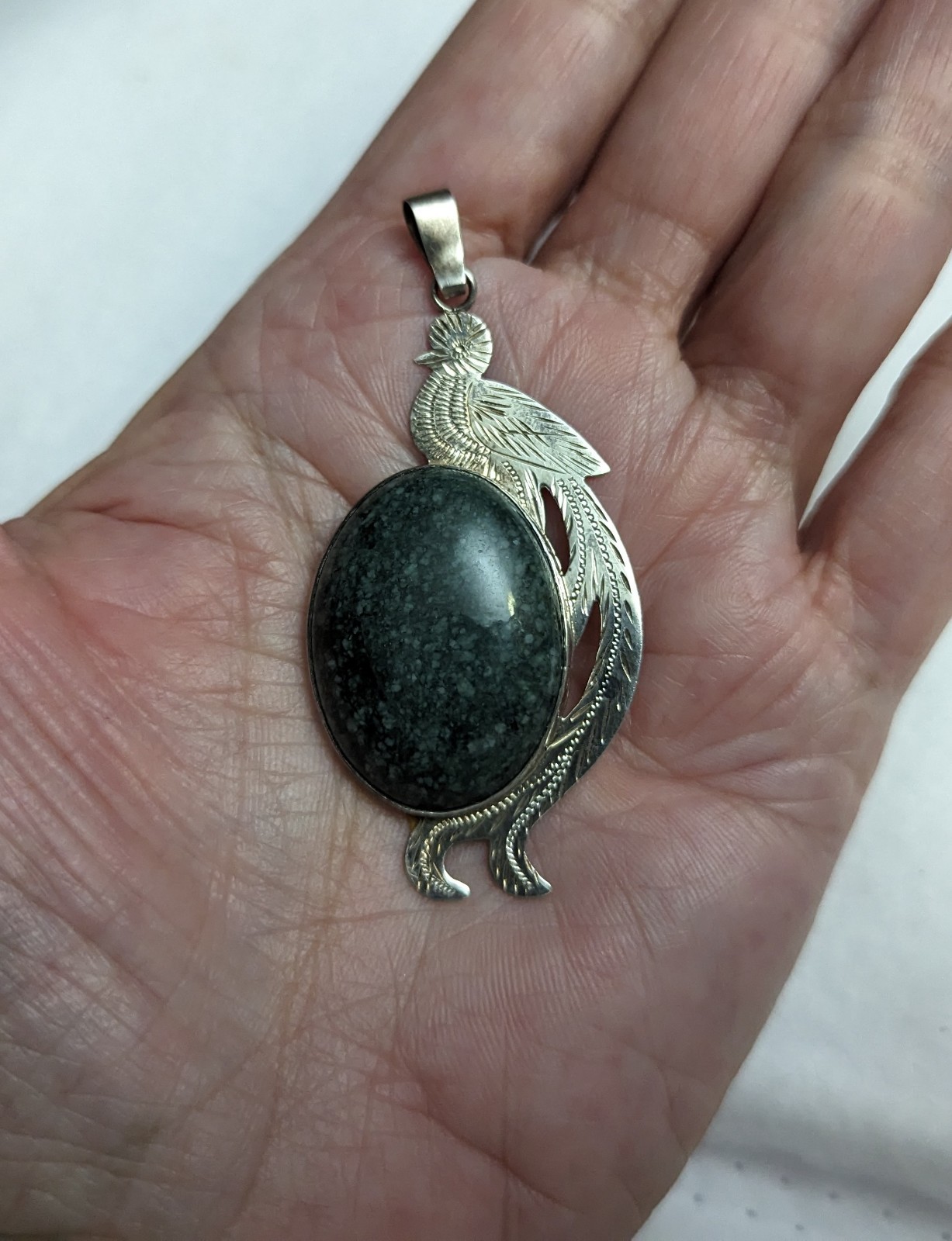 Quetzal Coutl Bird Pendant Sterling Silver Etch Oval Guatamalan Jade VTG