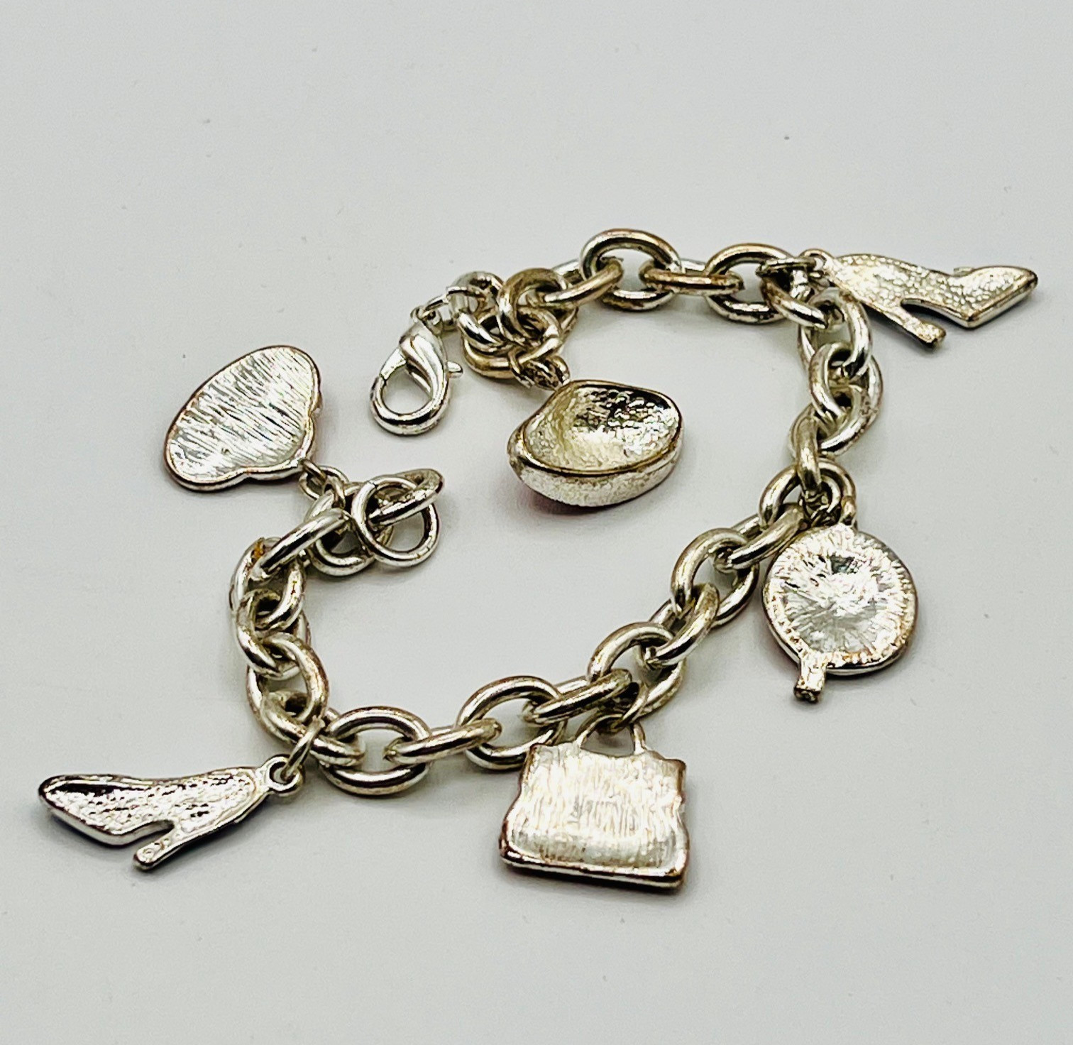 Vintage Enamel Charm Bracelet Purse Hat High Heel Shoes Silver Tone Fashion