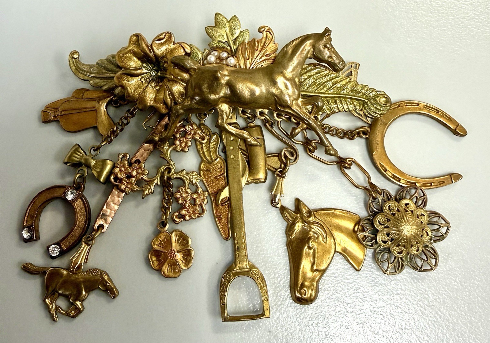 Vintage Equestrian Horse Charm Dangle Brooch Running Horse Horseshoe Stirrup