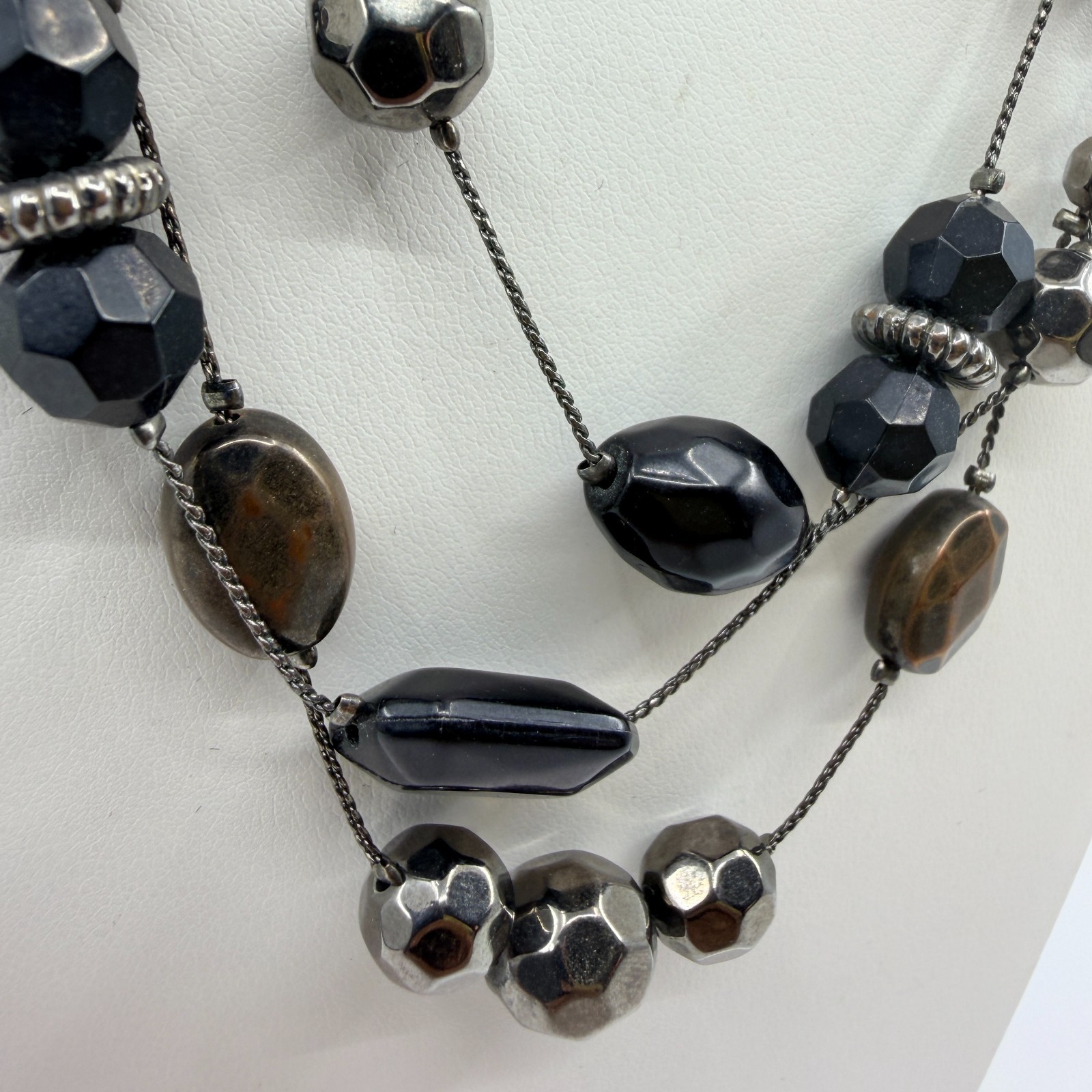 Vintage Gunmetal Tone Layered Necklace Multi Strand Black Onyx Color Bead Boho