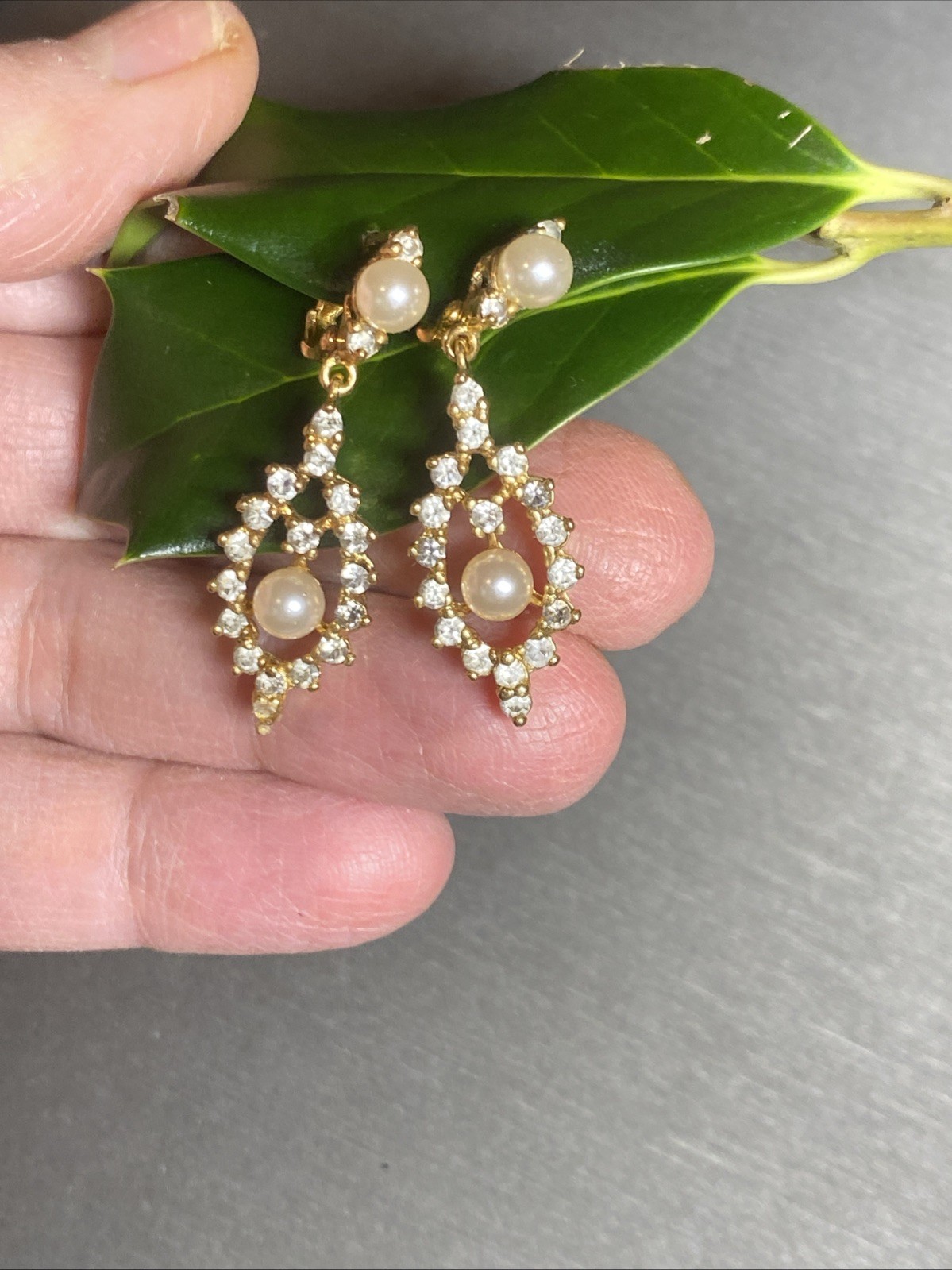 Vintage Pearl Earrings Estate Jewelry Pre-owned Gold Plated Crystal Lozenge Drop