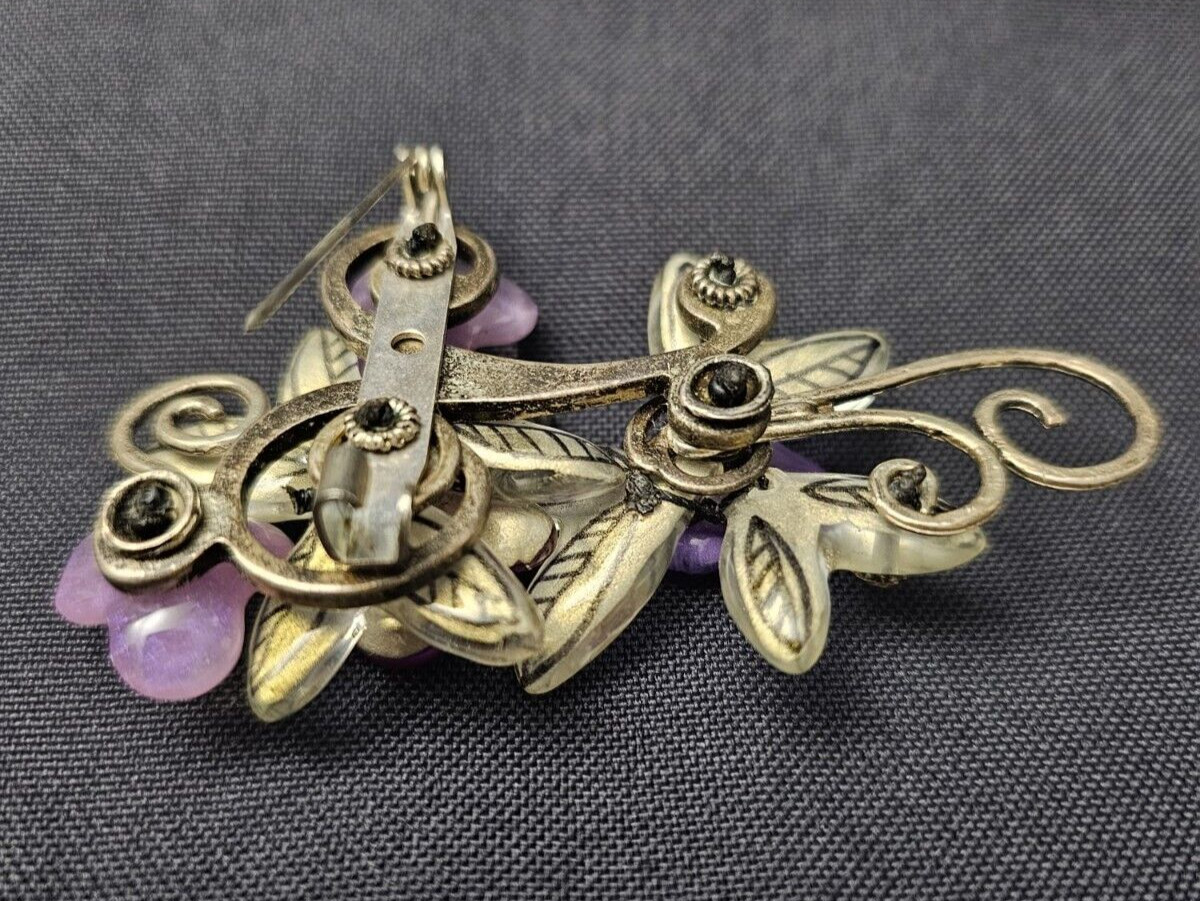 Vintage Lucite Brooch Floral Purple Pink & White Bouquet w Silver Tone Metal 3″