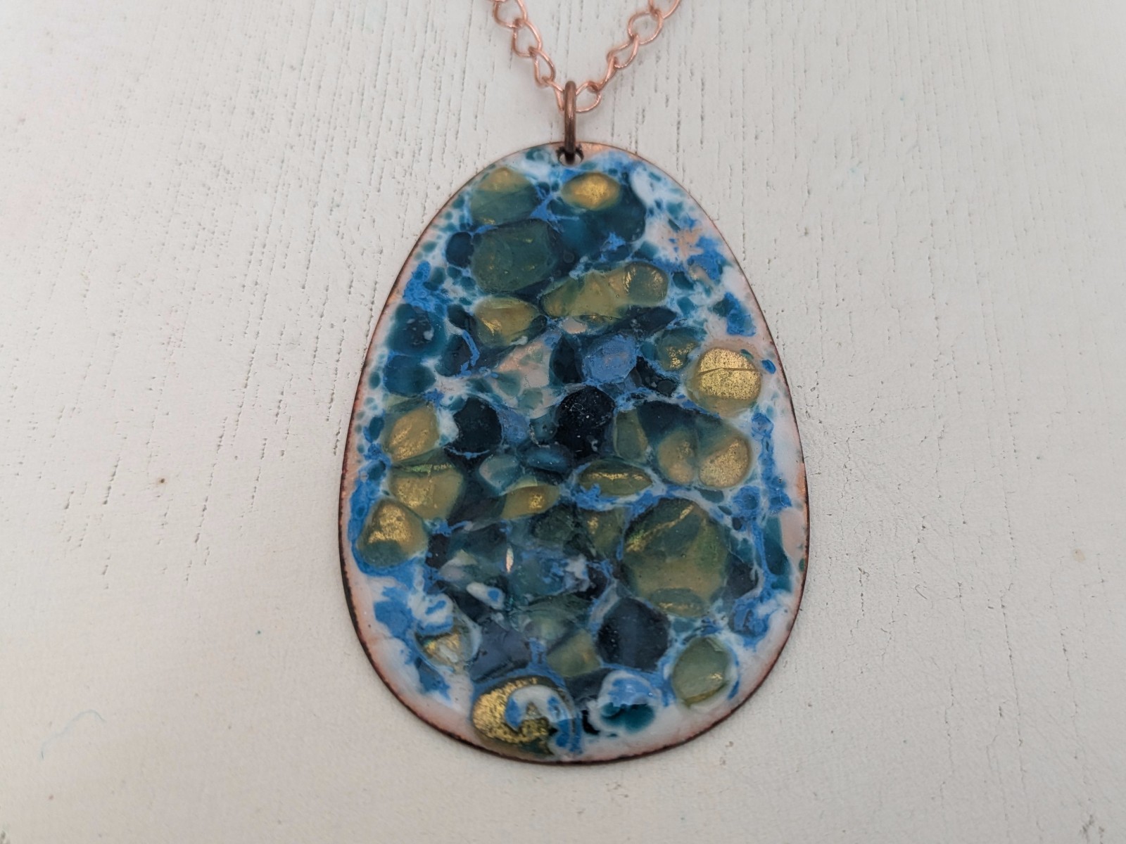 Vintage Enamel on Copper Turquoise Pendant Necklace, Mid Century Modern, 2.5″