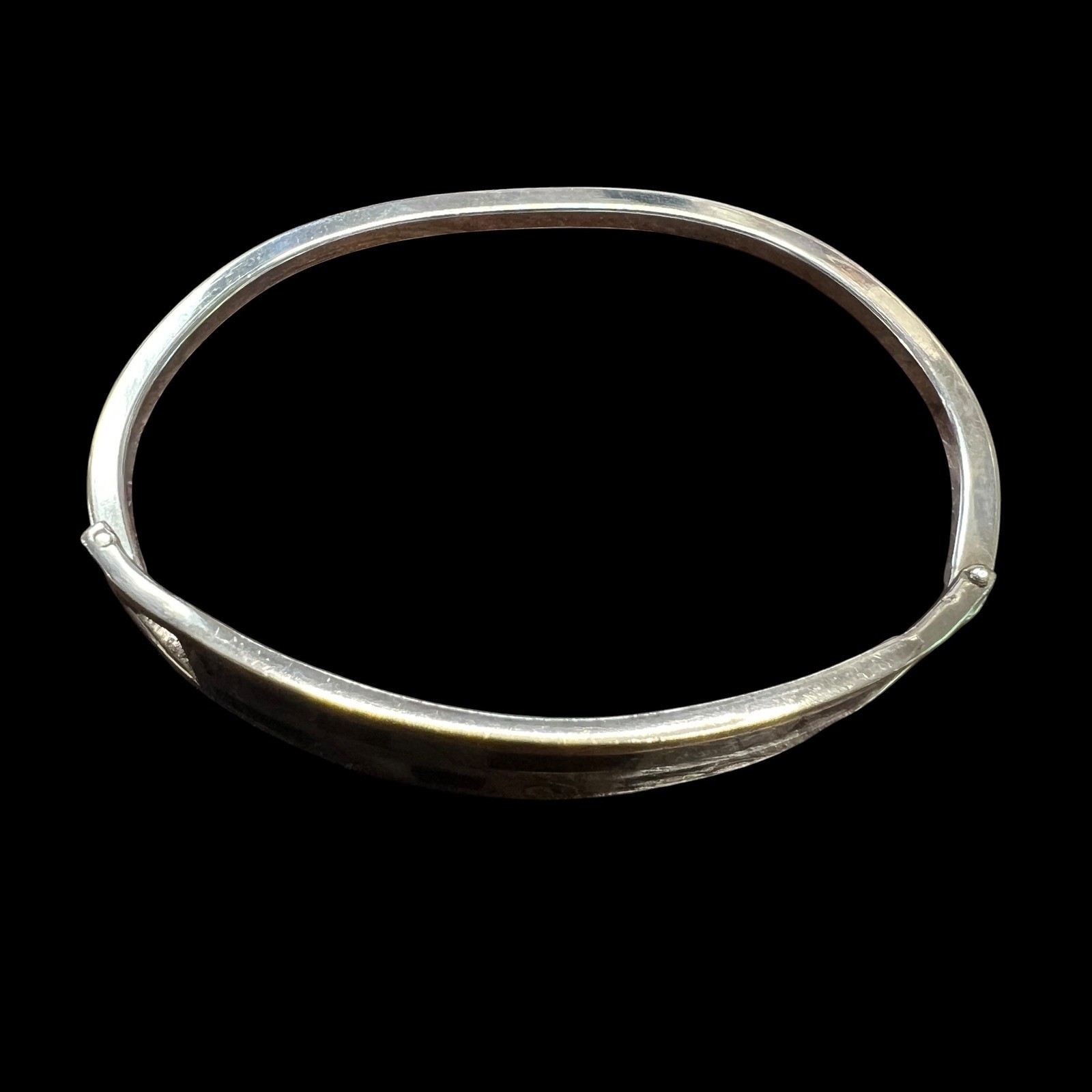 Vintage Alpaca Mexico Abalone Onyx Inlay Bangle Bracelet Silver Tone 7.25 in