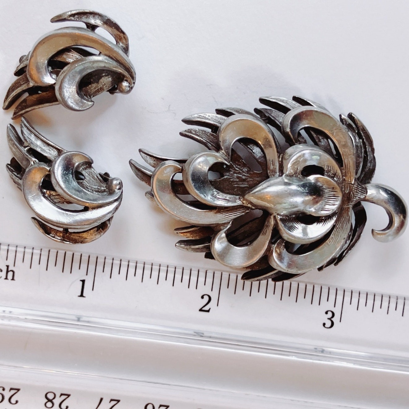 VTG Mid Century 44g Silver Brooch Earrings Set Layered Modernist 50s Jewelry