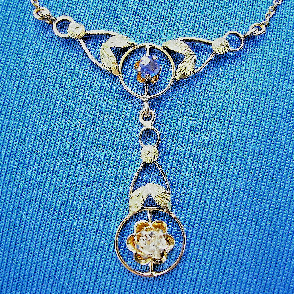 Original EARTH MINED DIAMOND SAPPHIRE Deco Pendant 14K GOLD Antique Necklaces