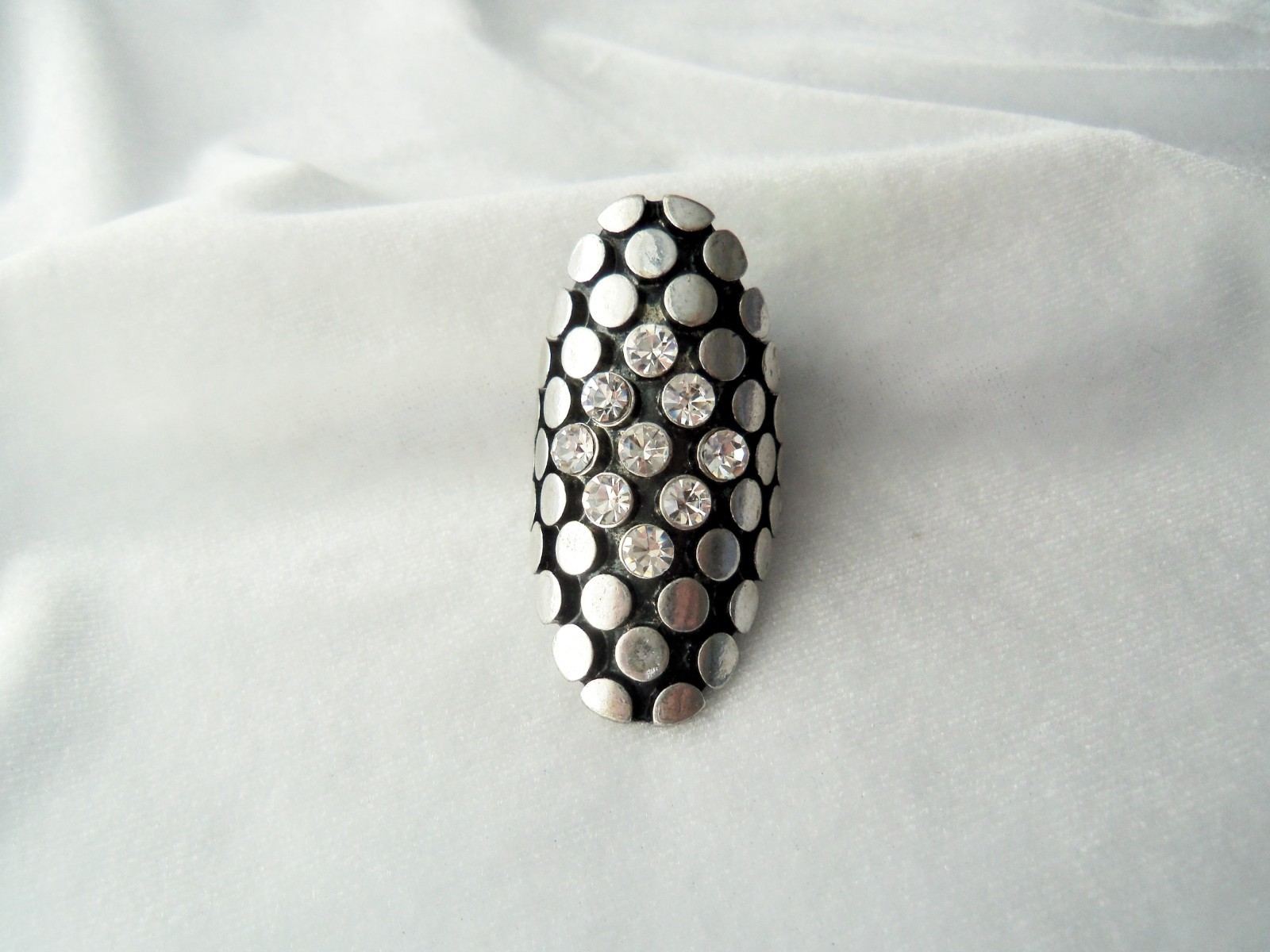 Crystal Rhinestone Accents Silver Dots on Black Long Finger Stretch Band Ring