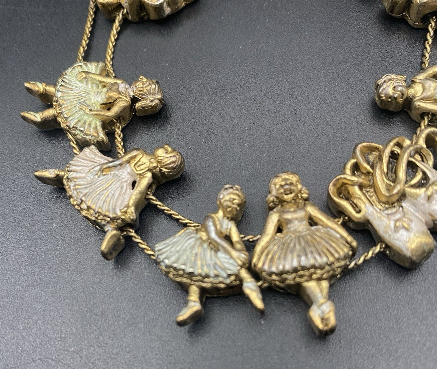 Vtg Ballerina Slide Charm Bracelet Ballet Dance Slippers Silver Wash Gold Tone