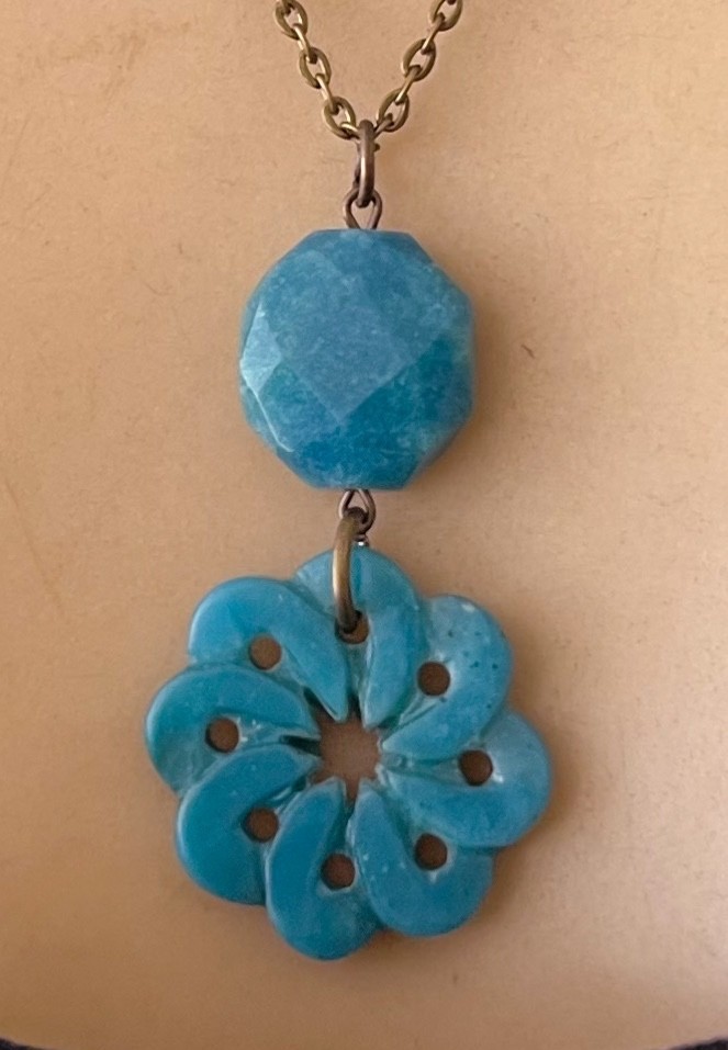 Artisan Necklace Large Carved Teal Wheel of Life Gemstone Pendant
