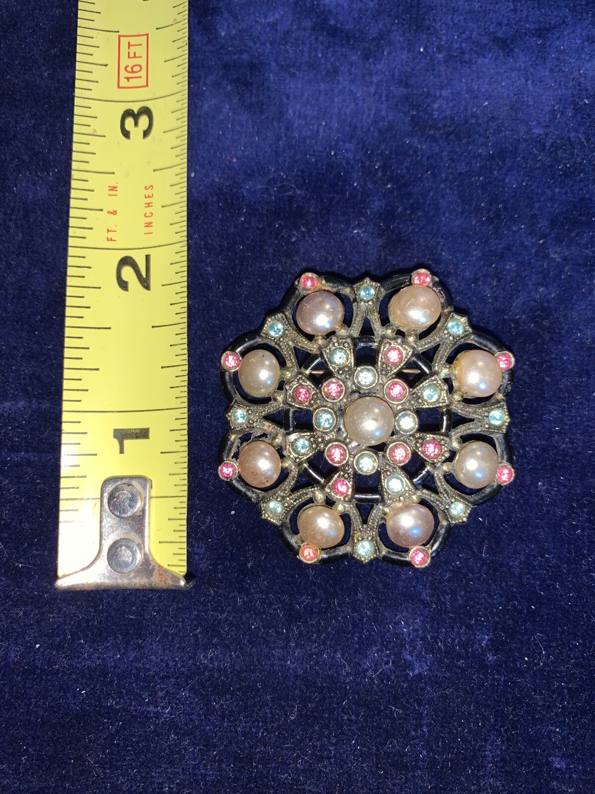 Vintage New England Glass Works Pink And Blue Rhinestones Faux Pearl Brooch Pin