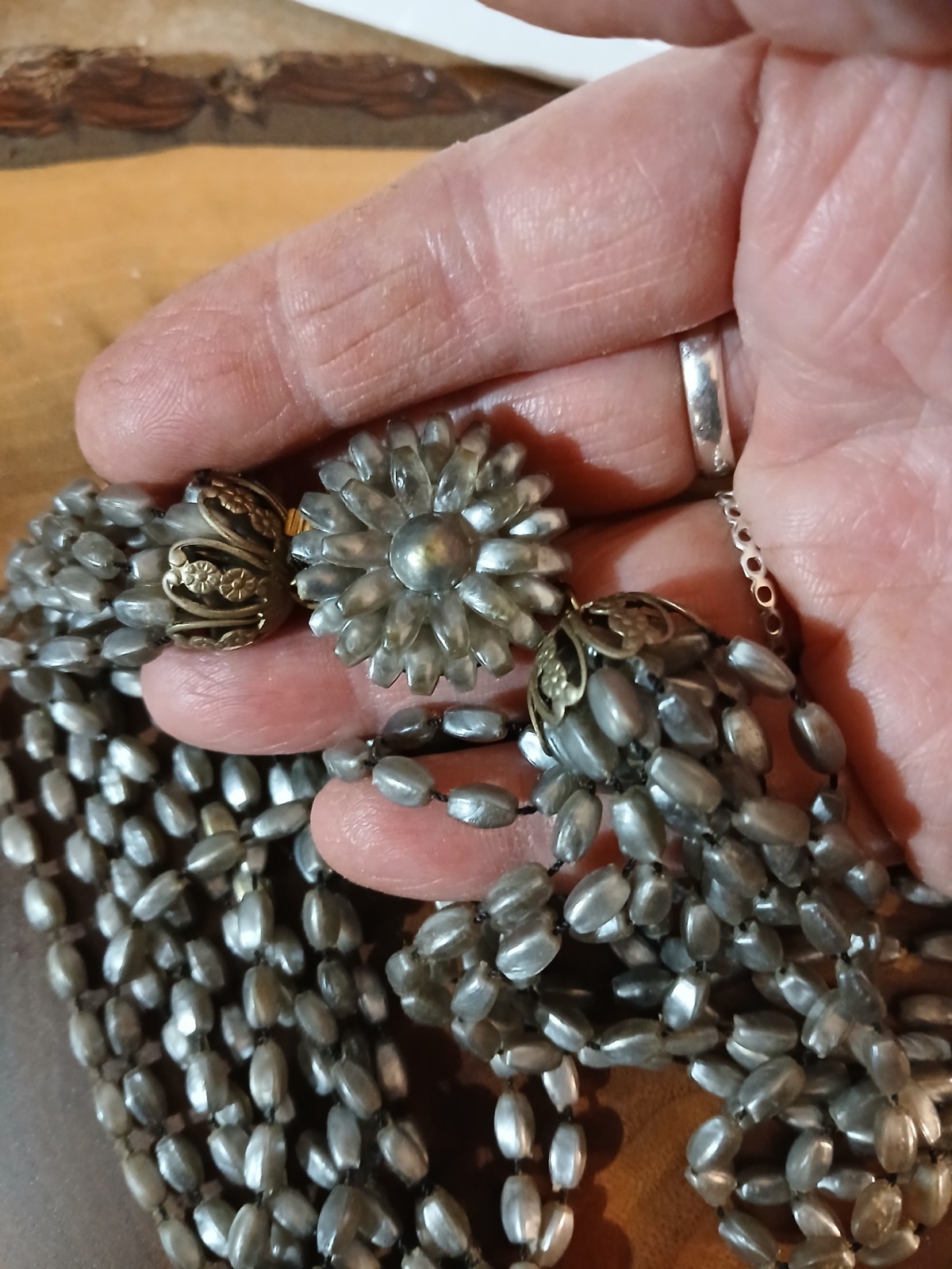 Vintage Gray Pearl Bead 12- Strand Necklace Beautiful Ends, Clasp 12″.