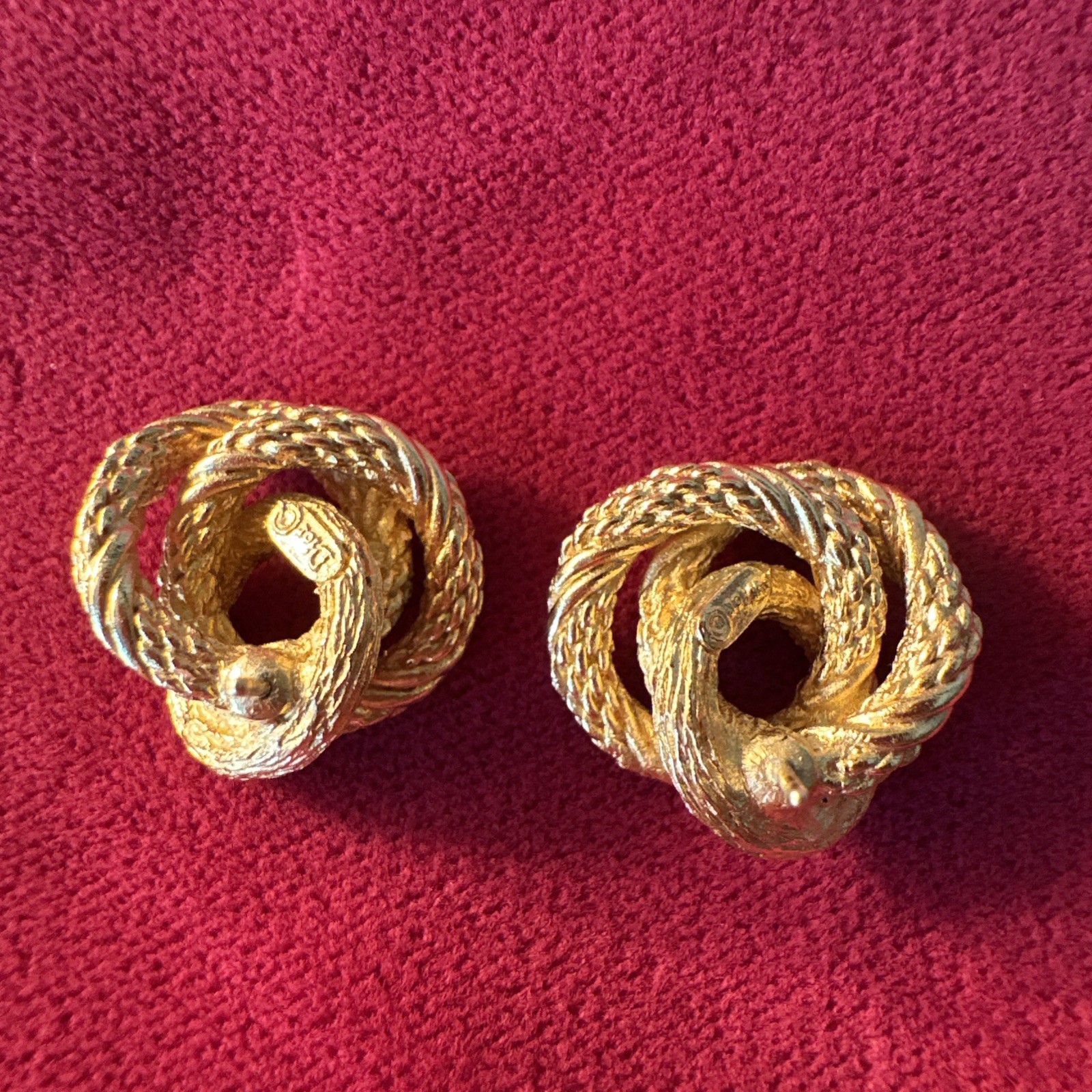 Vintage Christian Dior Stamped Gold Tone Rope Knot Twist Earrings w/ Post Back