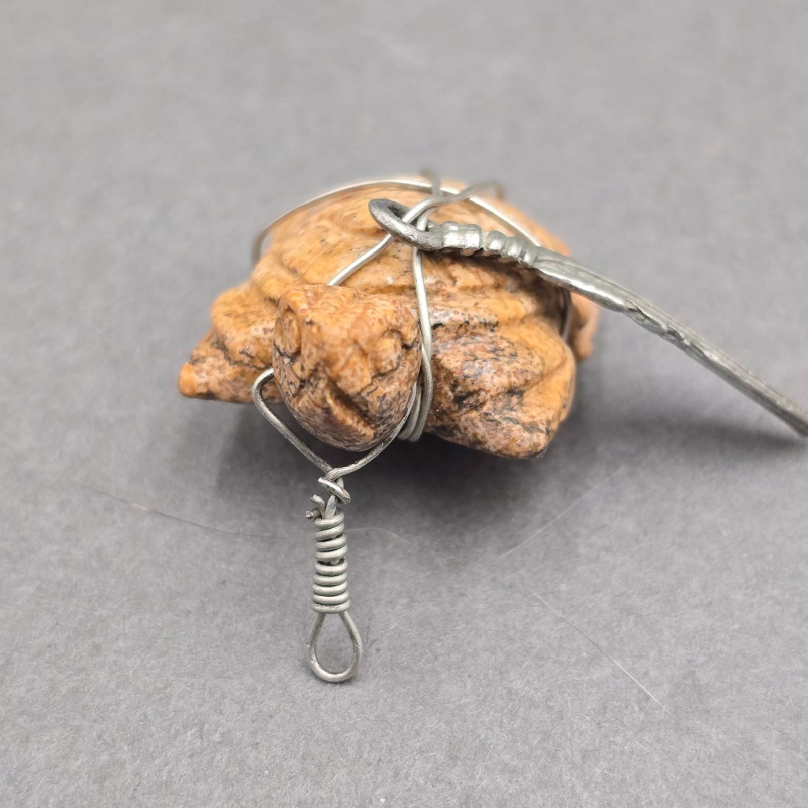 Vintage Hand Carved Jasper Turtle Pendant Wire Wrapped Southwestern Feather
