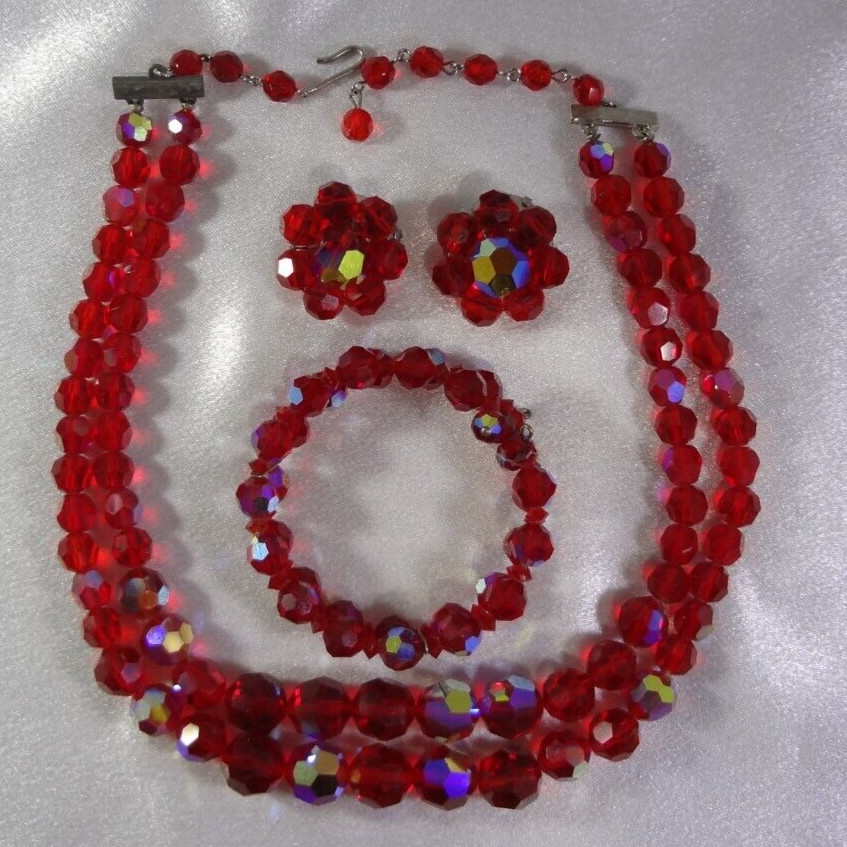 Vtg C: Late 1950’s AB Red Faceted Glass 2 Strand Necklace Bracelet Earrings Set!