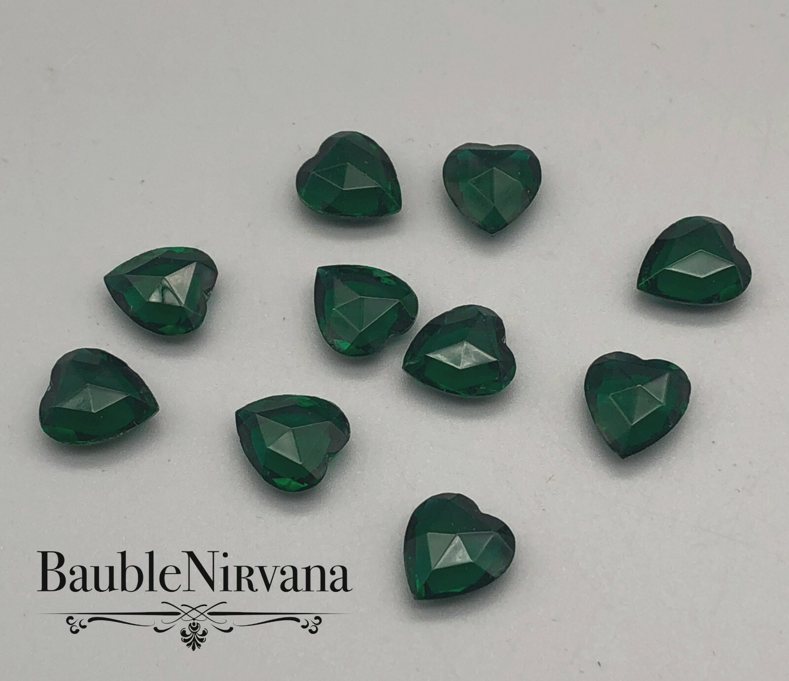 Vintage Heart Shaped Dark Emerald Green Glass Faceted Rhinestones Set 10