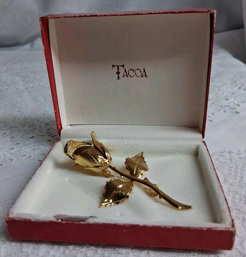 Tacoa Vintage 60s Gold Toned Brooch 3D Rose Box Set Stackable 3″ Retro Statement