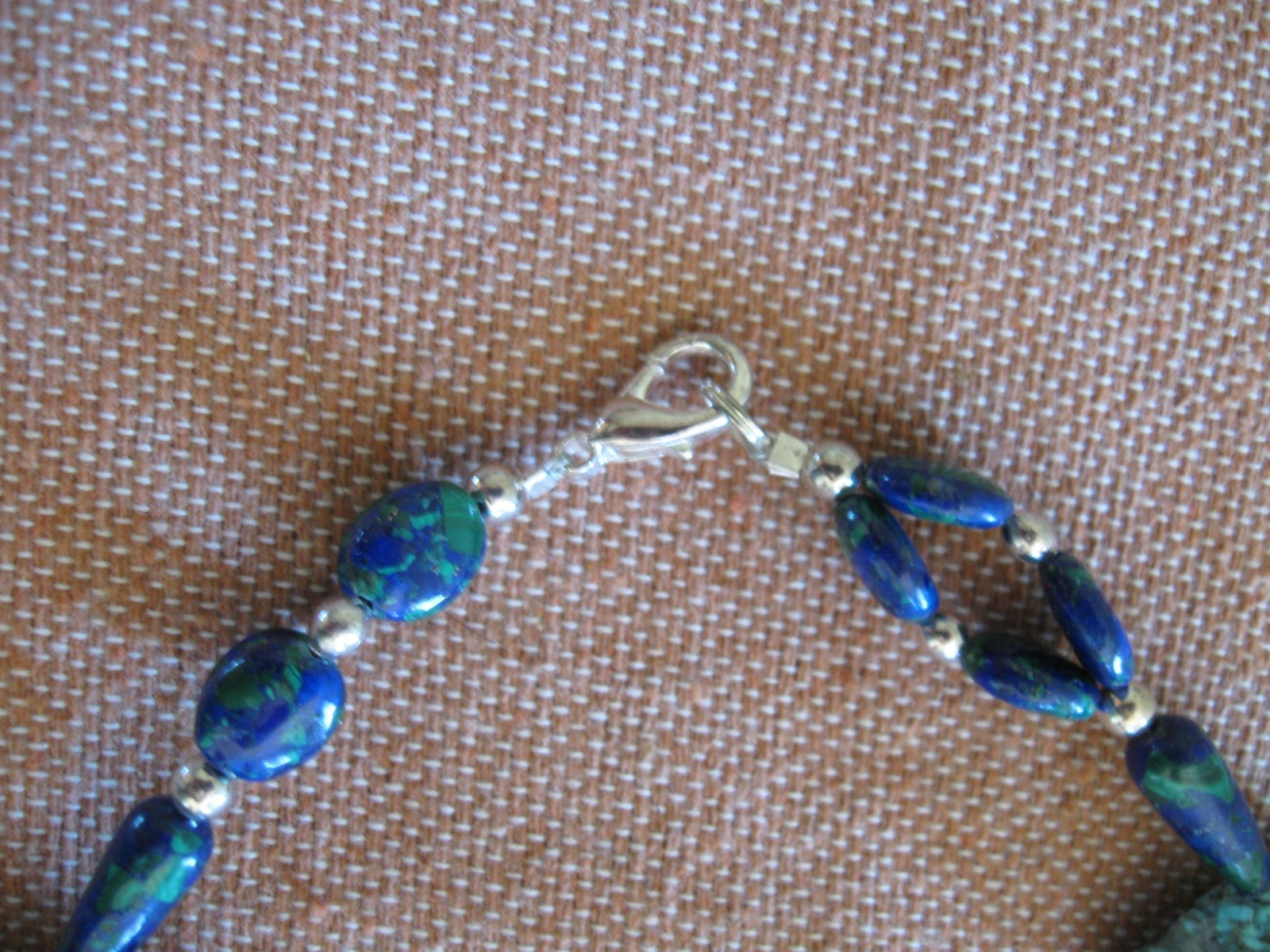 Vintage Malachite-Azurite/ Turquoise Elephant & Silver Beaded Necklace 23″ Long