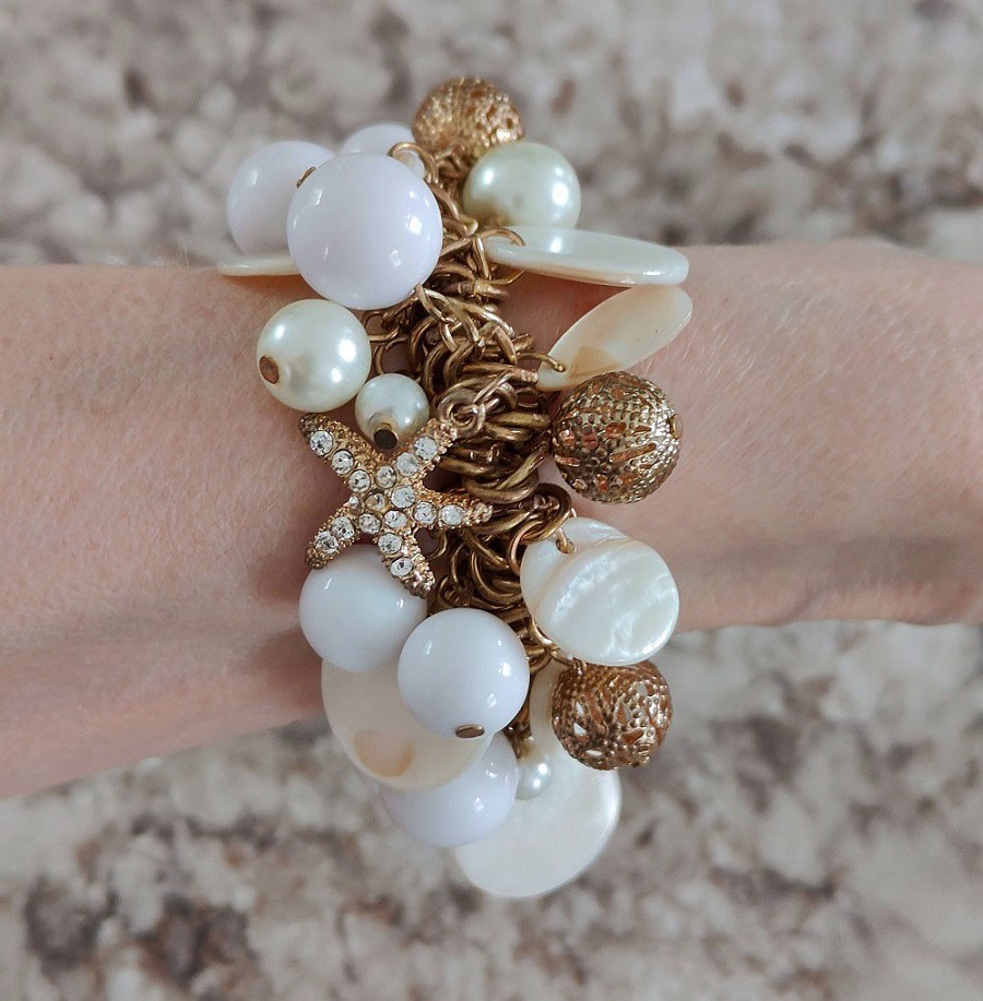 Gold Tone Statement Starfish Bracelet Nautical Pearls Beach Sea Life Chunky