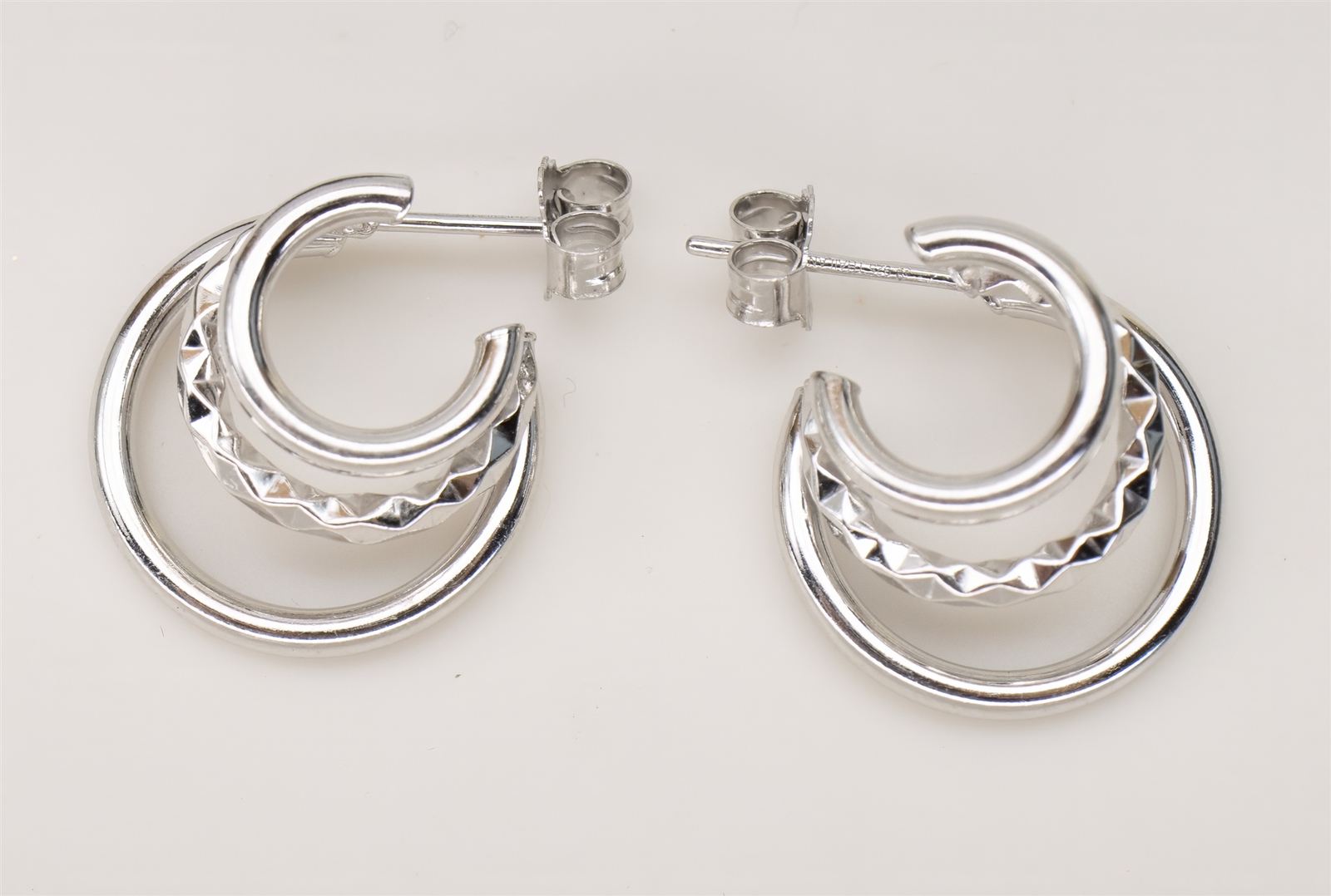 Polished & Faceted Triple Hoop Sterling Silver Earrings 3.4g