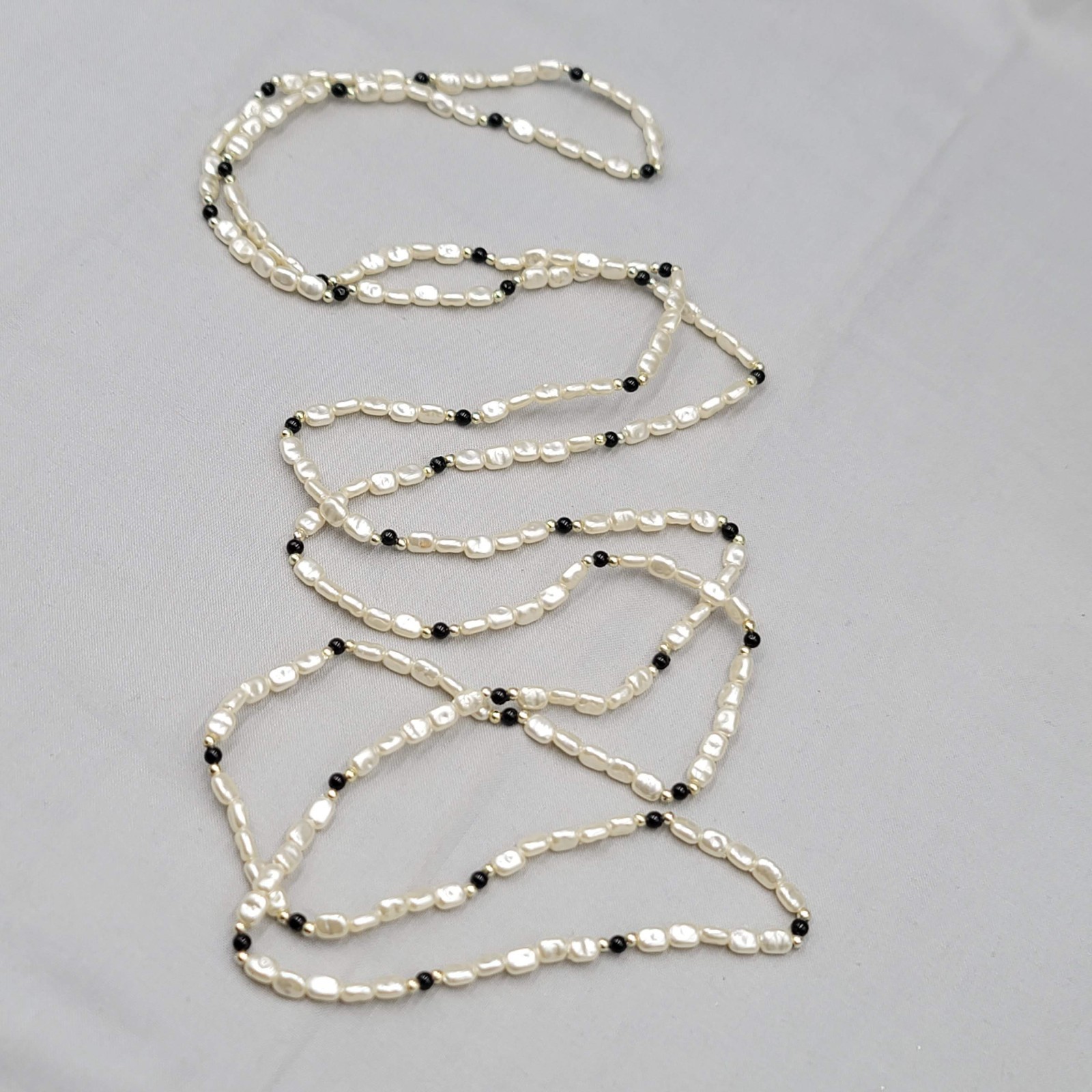 Vintage White Black Beaded Necklace Estate Costume Jewelry Very Long 64″