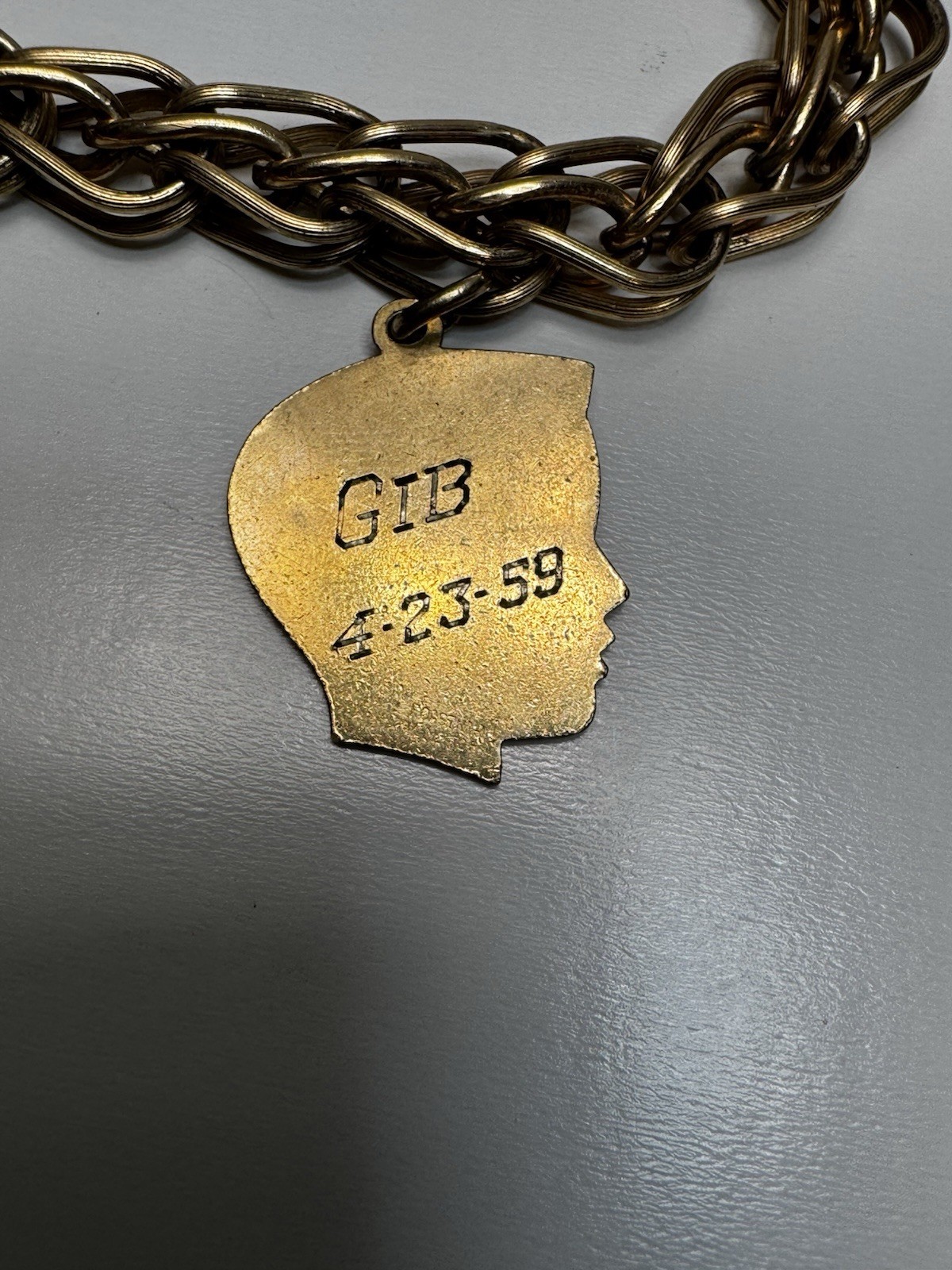 Vintage 12K Gold Filled Chain Bracelet Male Profile Charms Unmarked Retro 7” 50s