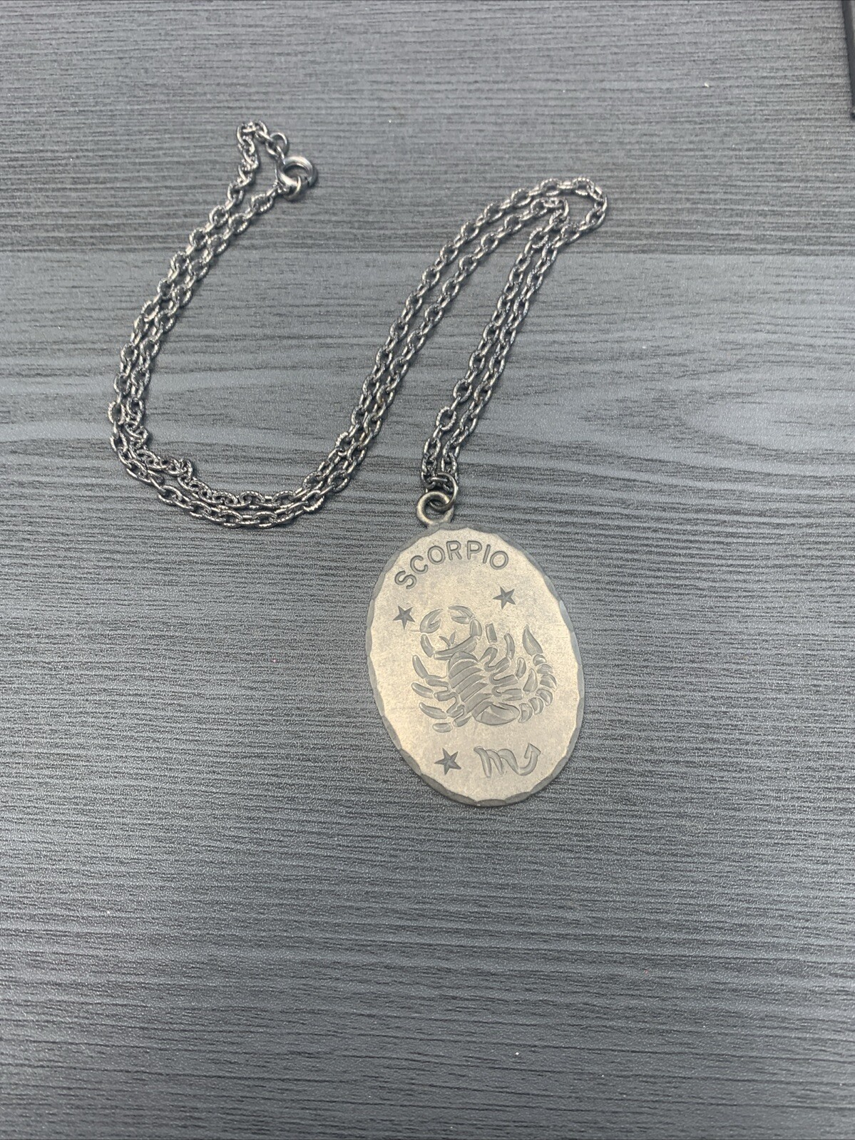 Vintage Pewter BDA Zodiac astrology Oval Scorpio Engraved Pendant Necklace 20”