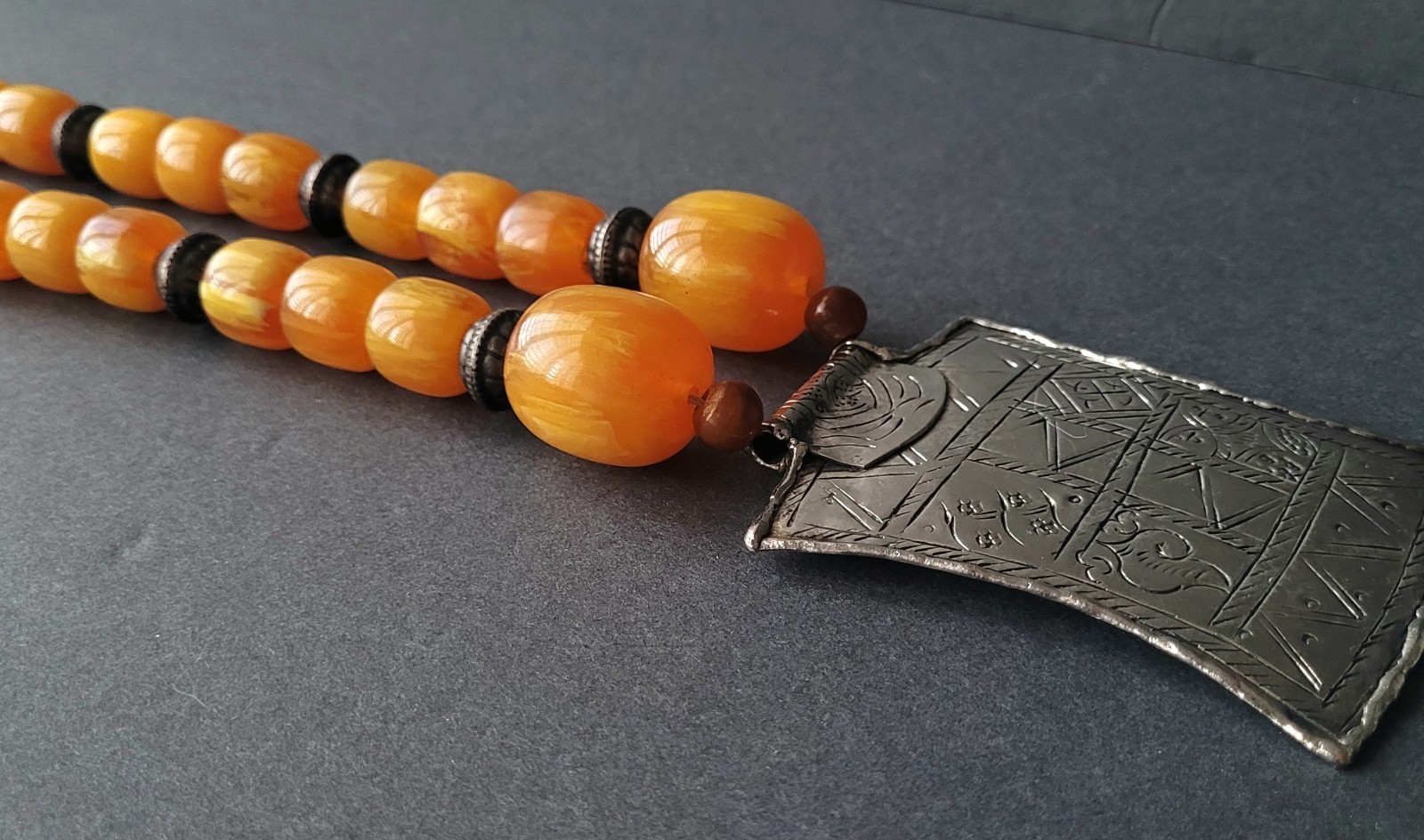 Vtg Pressed Amber Resin ? Prayer Beads Necklace Silverplate Pendant Moroccan