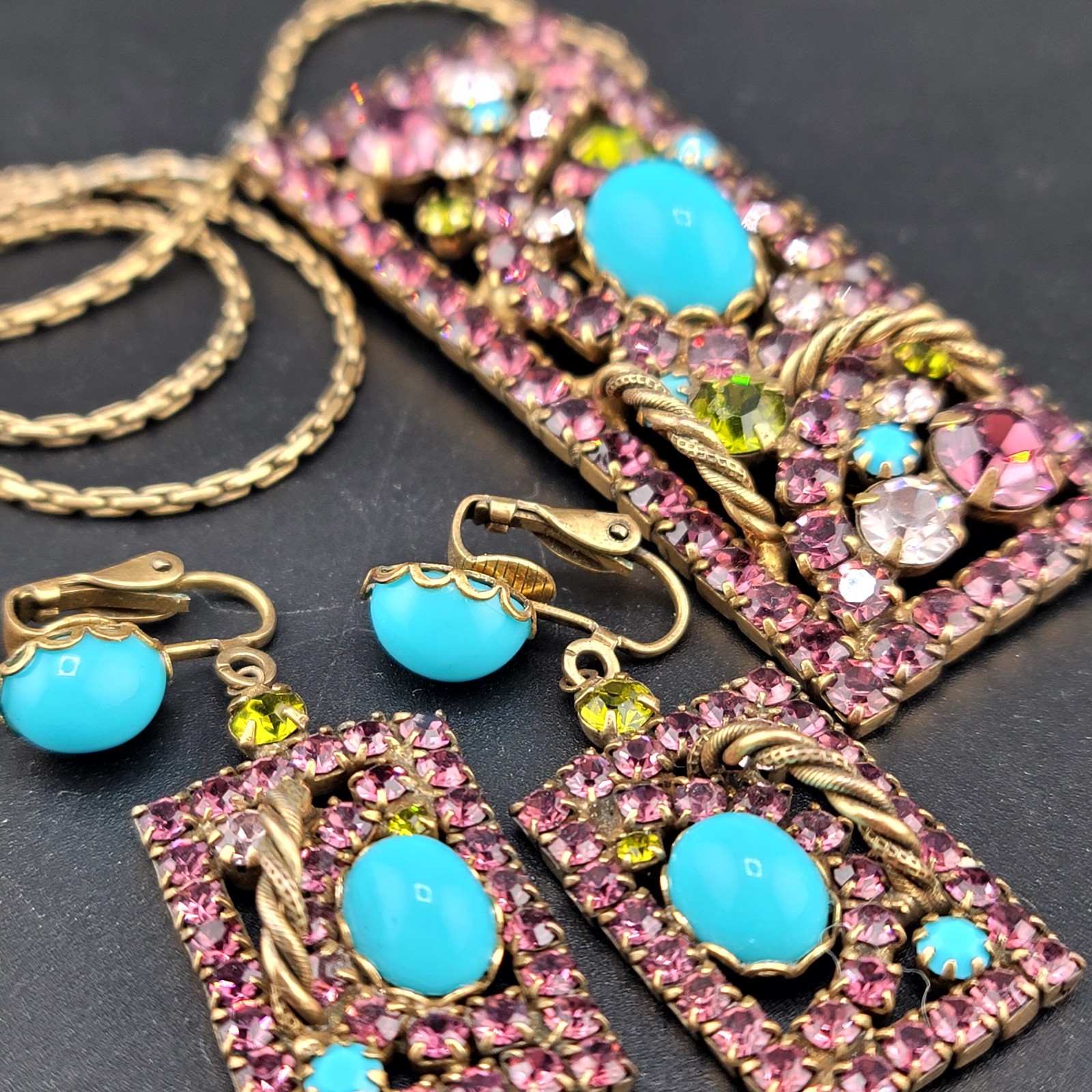 Vtg 3 pc Set Brooch Pendant Earrings Purple Rhinestones Blue Cabochons Jewelry
