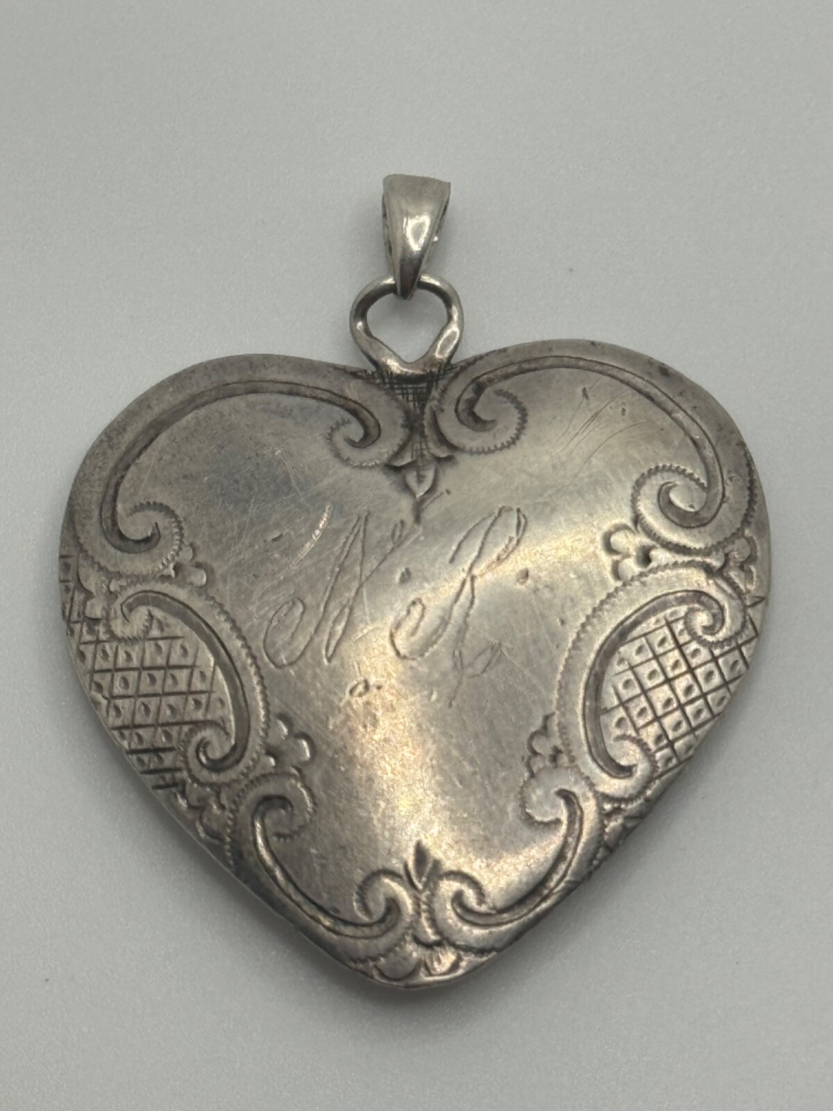 Antique Victorian Sterling Silver Monogram Engraved Heart Pendant