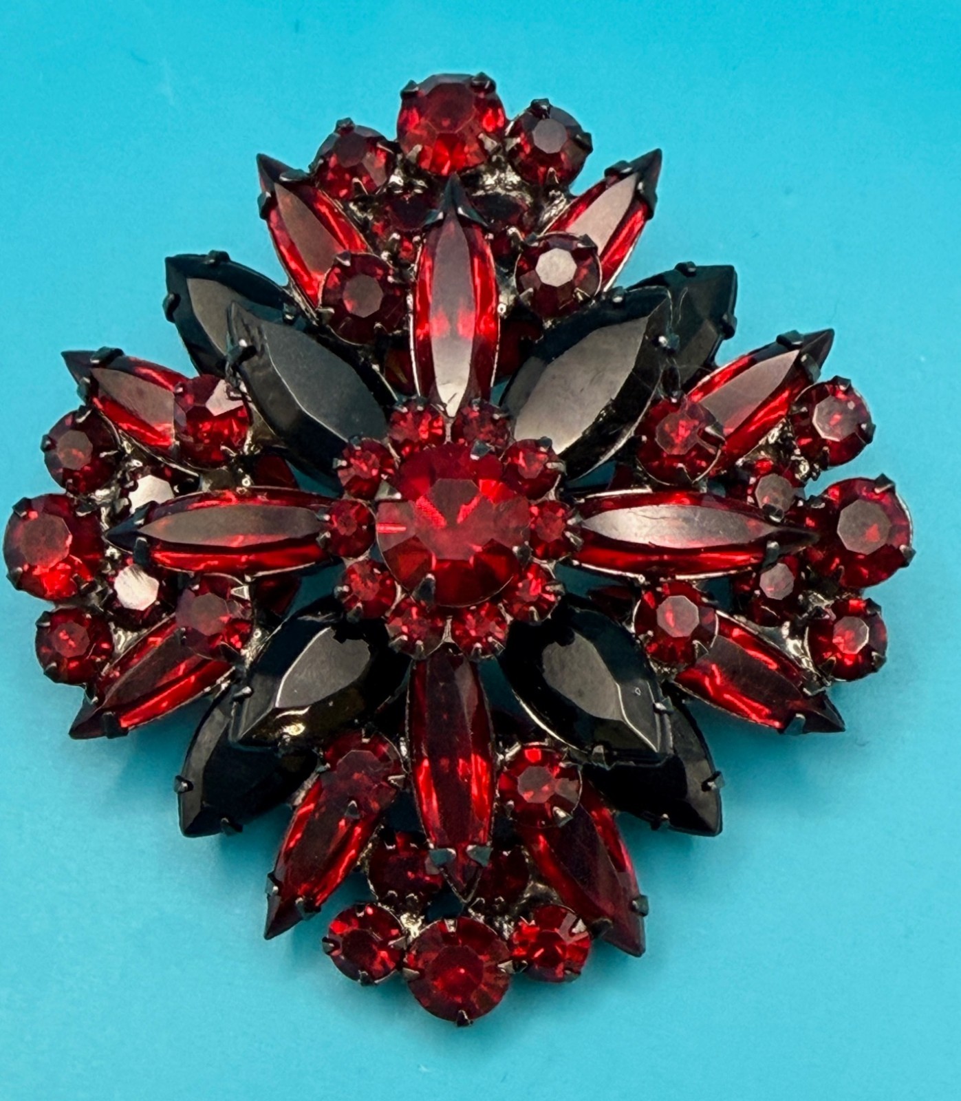 Juliana D&E Brooch/Pendant Vtg Ruby Red & Black Glass Rhinestones Verified 7125