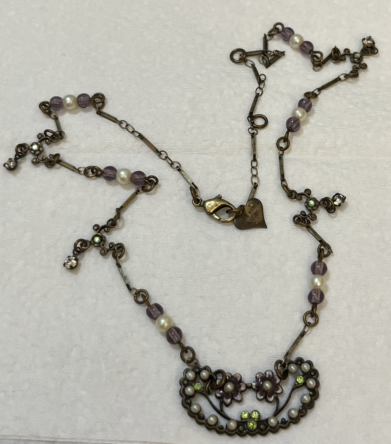 Glass Works Studio Signed Necklace Vintage Hang Tag Flowers Enamel Faux Pearl
