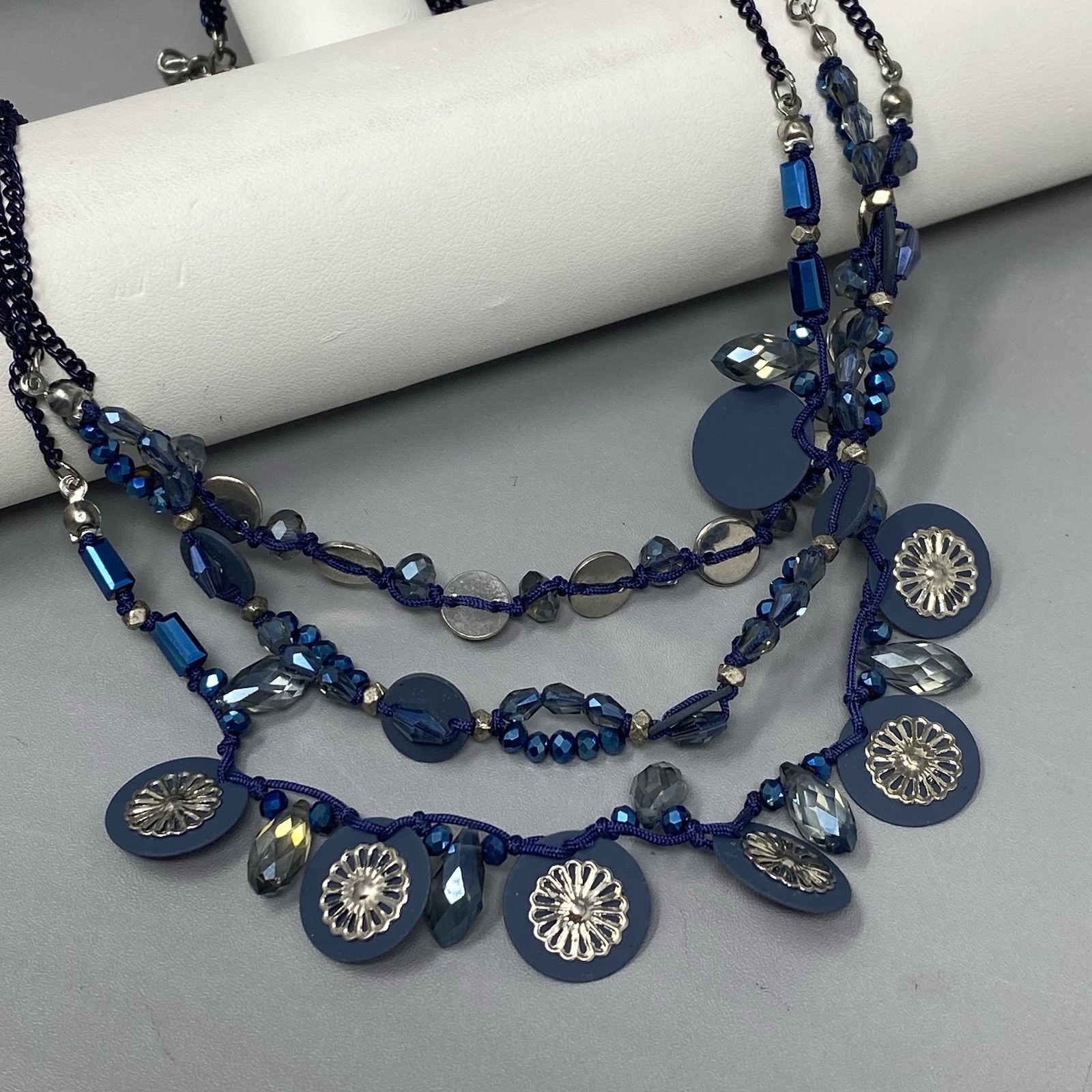 Blue Fringe Glass Beaded Necklace Layered Enamel Faceted Coated Bohemian 18″