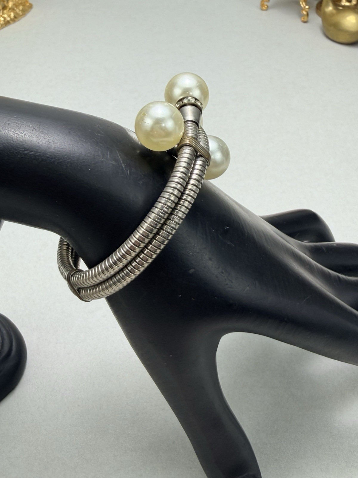 Pearl Rhinestone Wrap Bracelet Multi Strand Silver Tone Statement