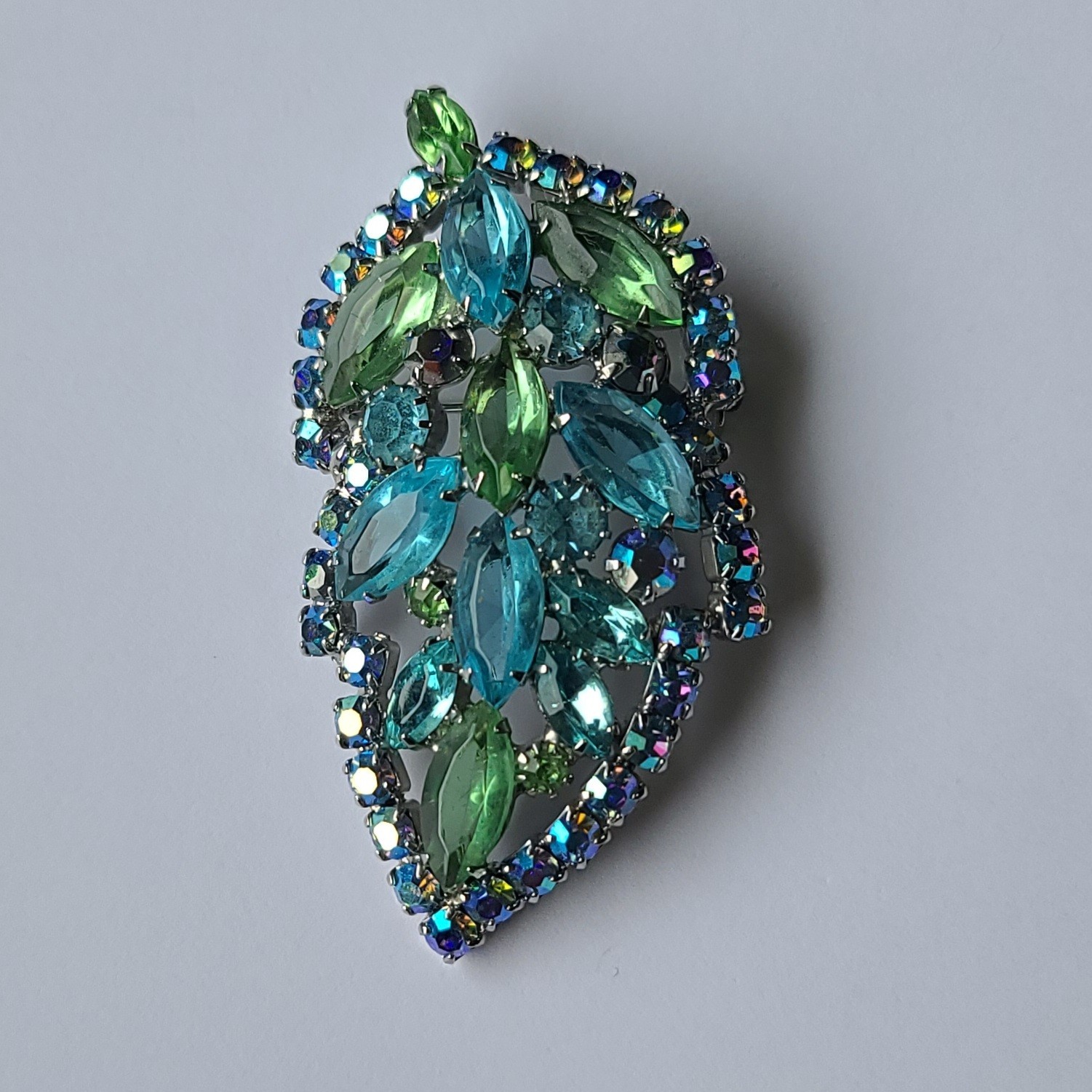 VTG MCM Aque Blue & Lime Green Rhinestone Leaf Brooch Pin (Some AB Finish)