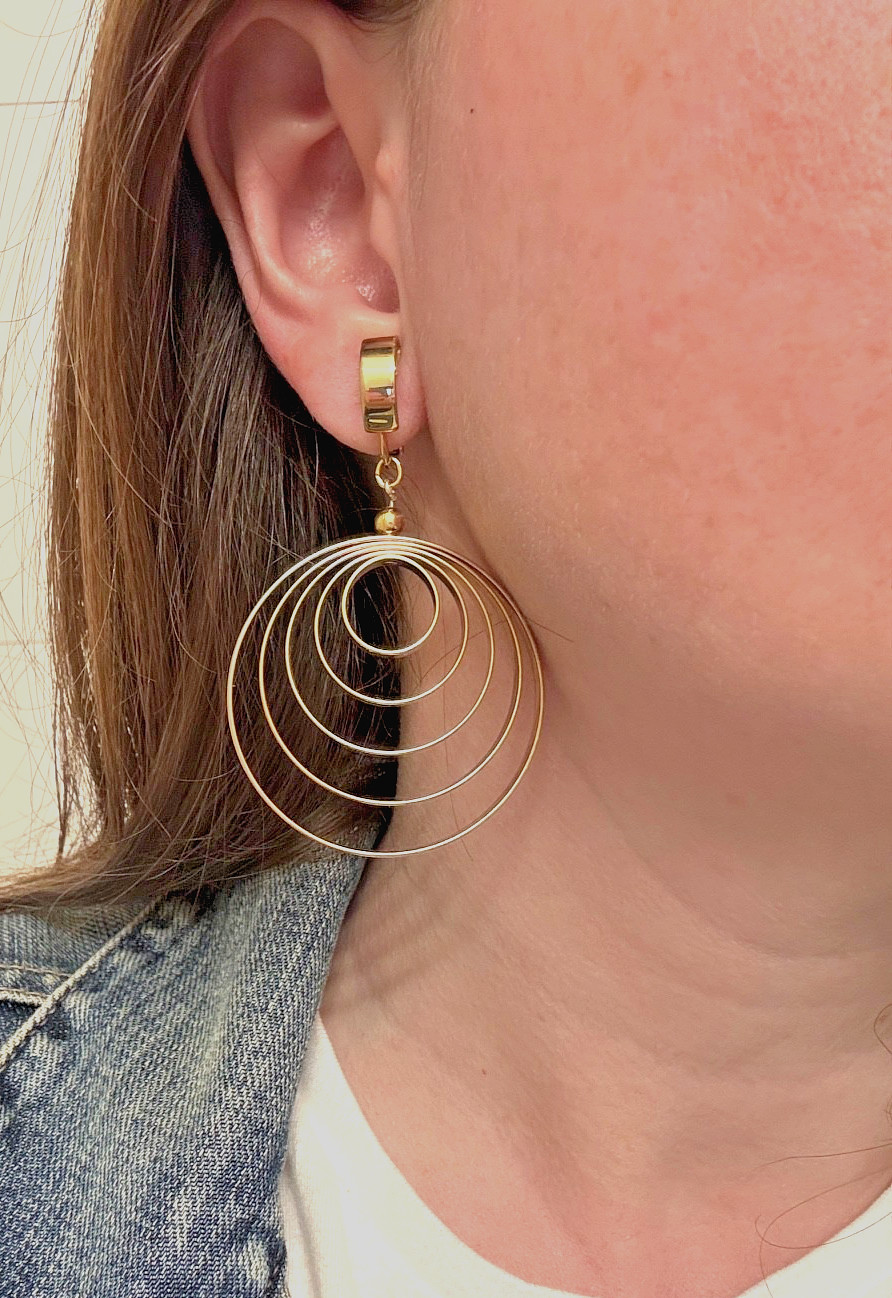 Vintage Mod 60s/70s Napier Gilt Metal Kinetic Mobile Dangle Hoop Clip Earrings