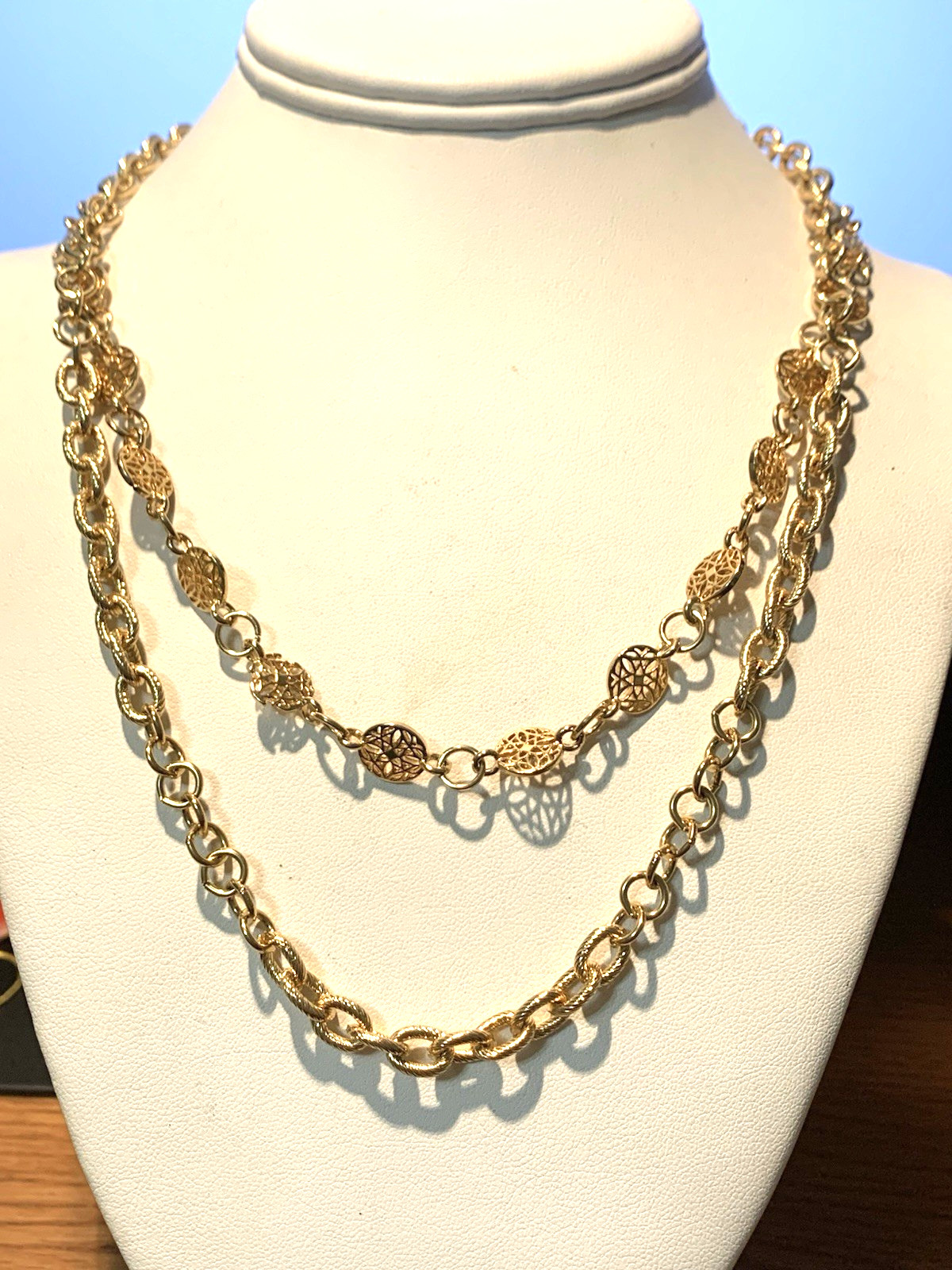 *ESTATE JEWELRY* VTG.MONET DOUBLE STRAND VICTORIAN LINK NECKLACE-18K PLATED-NWOT