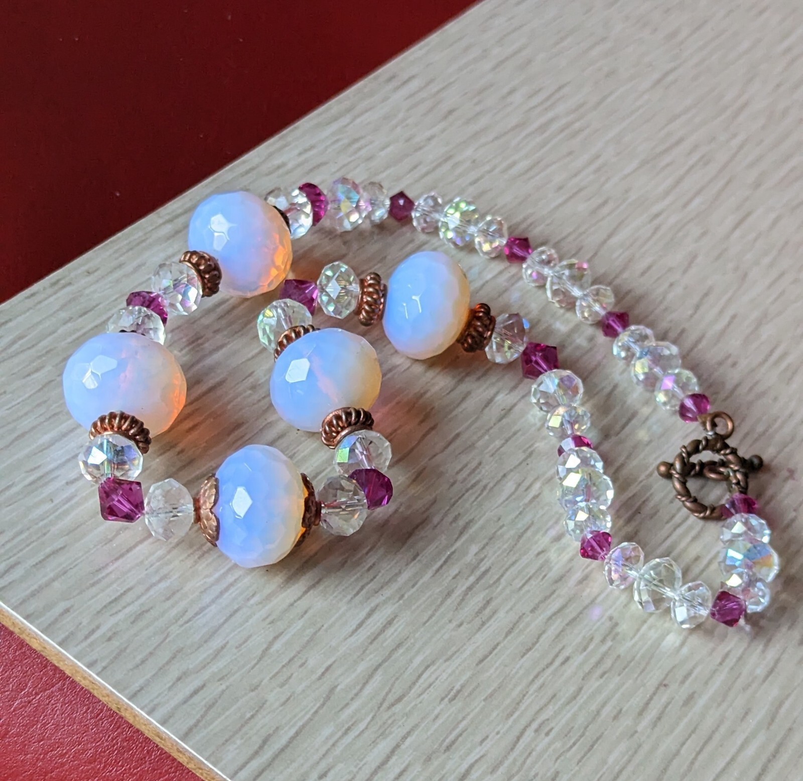 Stunning Artisan AURORA BOREALIS Glowing Milky PINK Bead 18″ NECKLACE