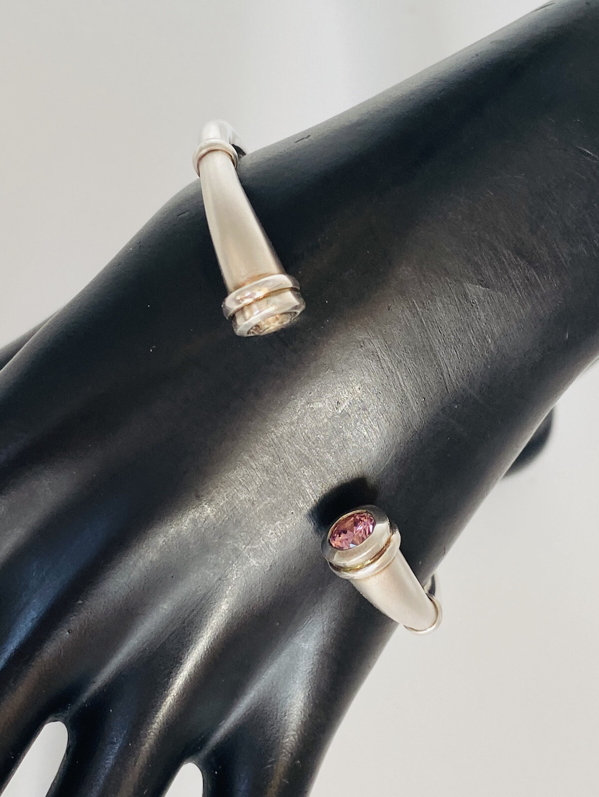 Vintage Sterling Silver Pink & Clear Topaz Cremation Cuff Bracelet