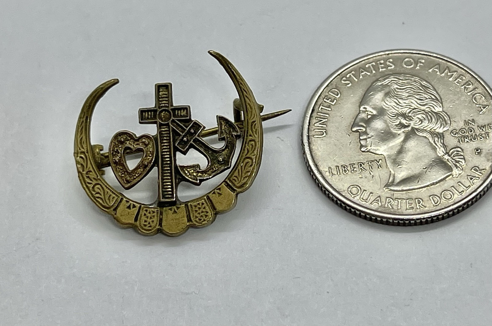 Antique Victorian Faith, Hope & Charity Goldtone Brass Brooch Pendant