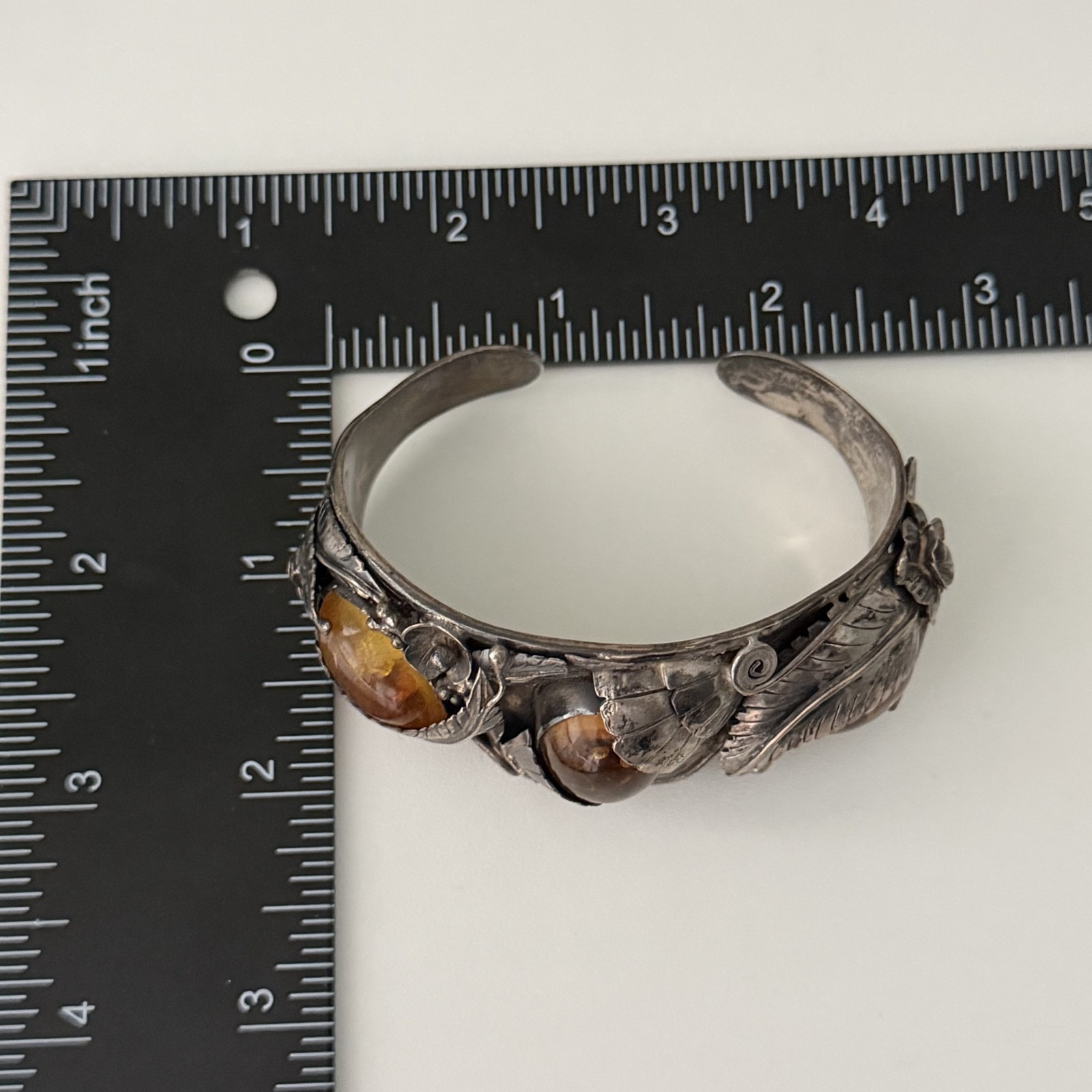 Vintage Sterling Silver Big Chunky Amber Leaf Southwest Cuff Bracelet Heavy