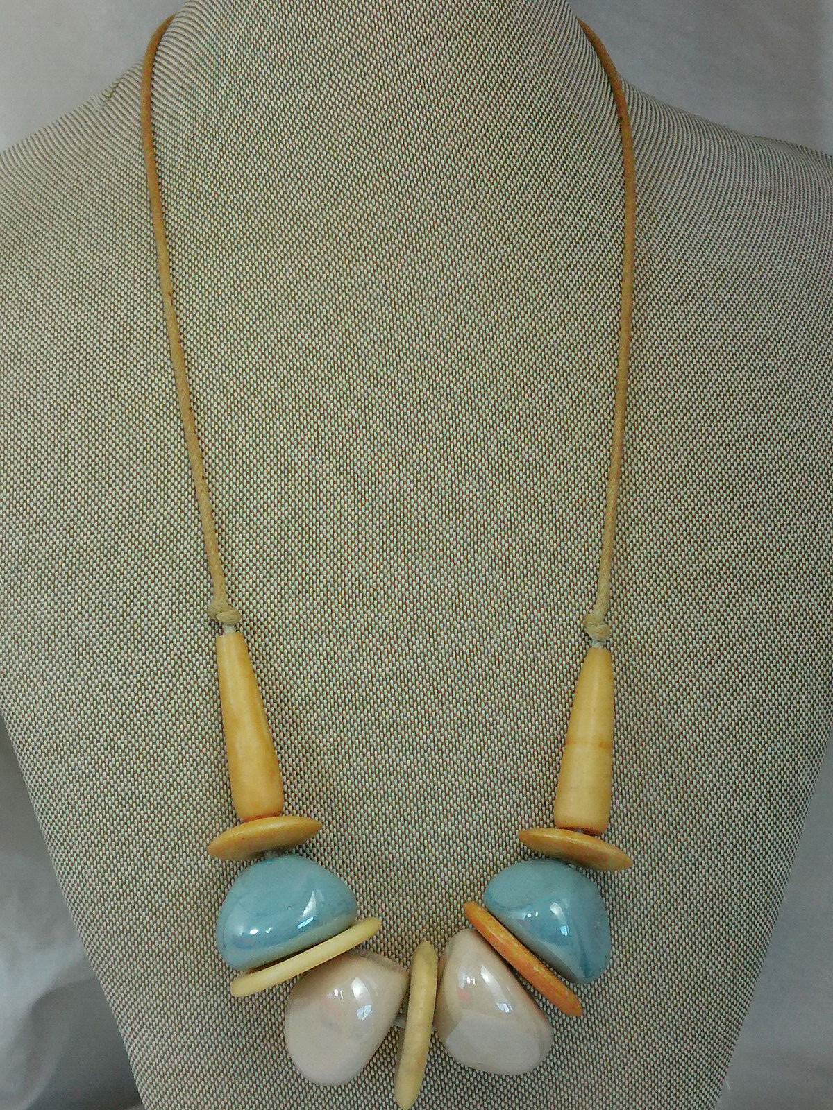 Vtg Chunky Shiny Glazed Ceramic Nut Disk Seed Beaded Cord 23″ Bohemian Necklace
