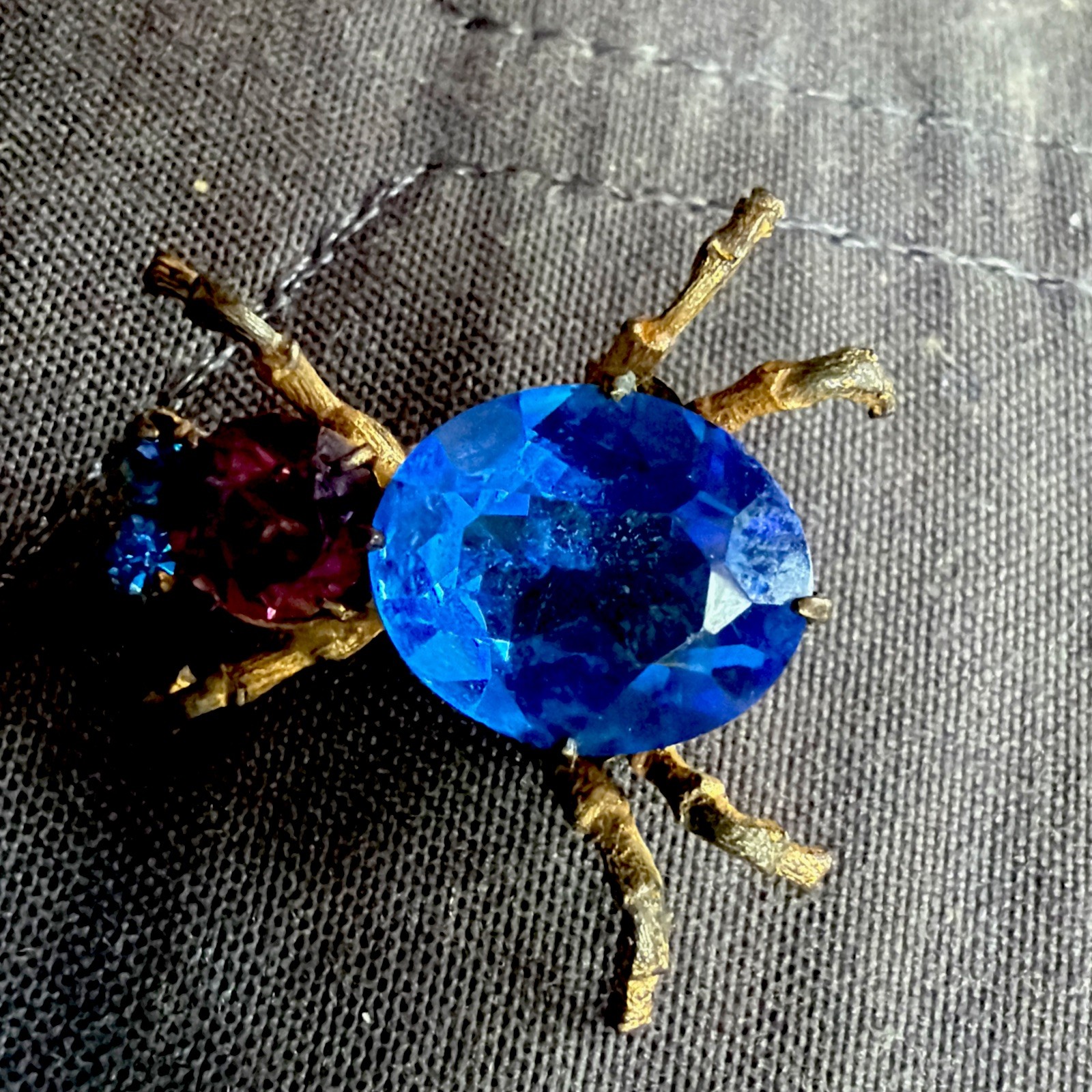 Antique Bug Insect Fly Brooch Pin Cobalt Blue Purple Rhinestones Brass Tones
