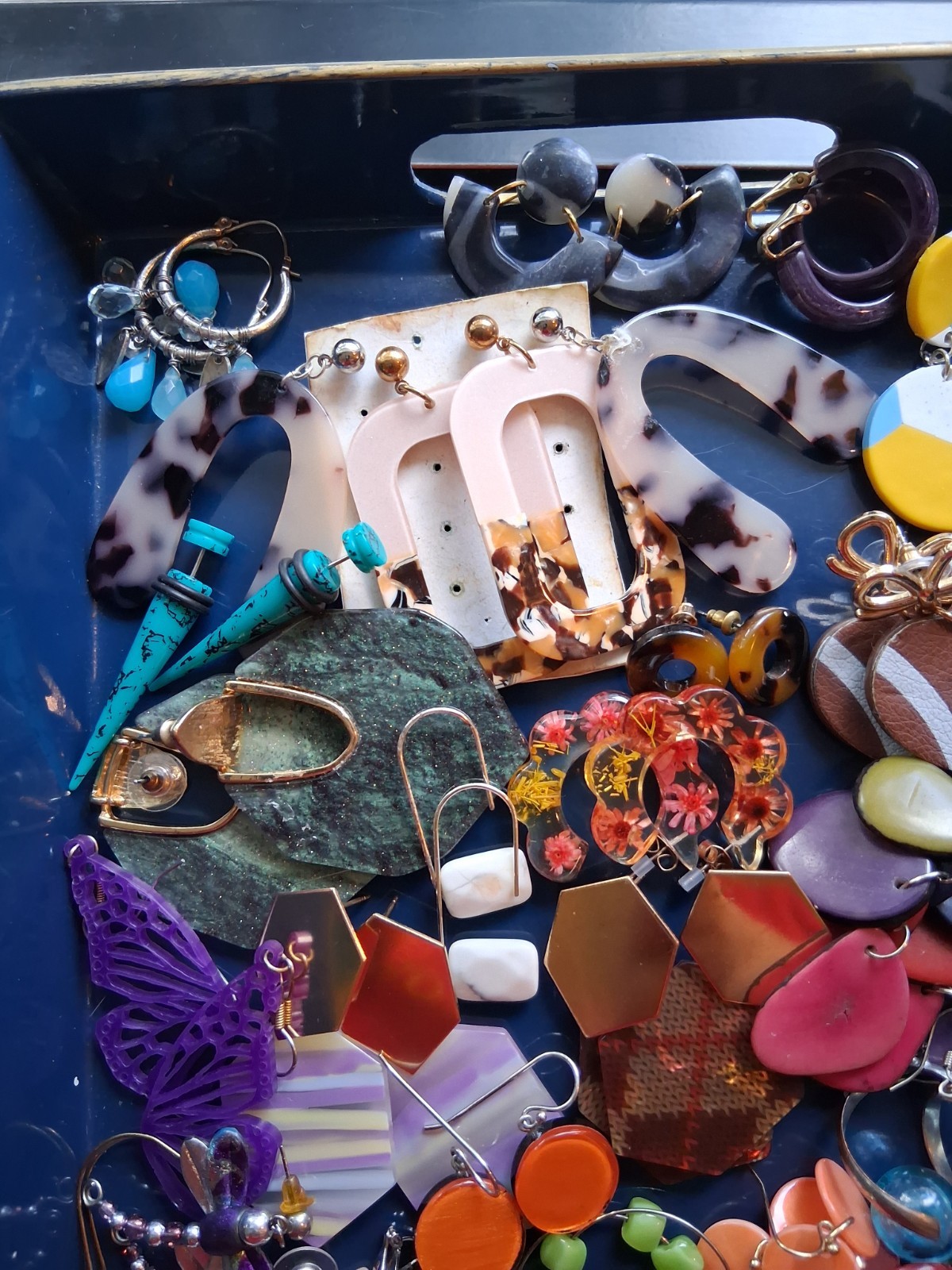 30 + Colorful Glitter Lucite, Acrylics, painted metals, and wood relief earring