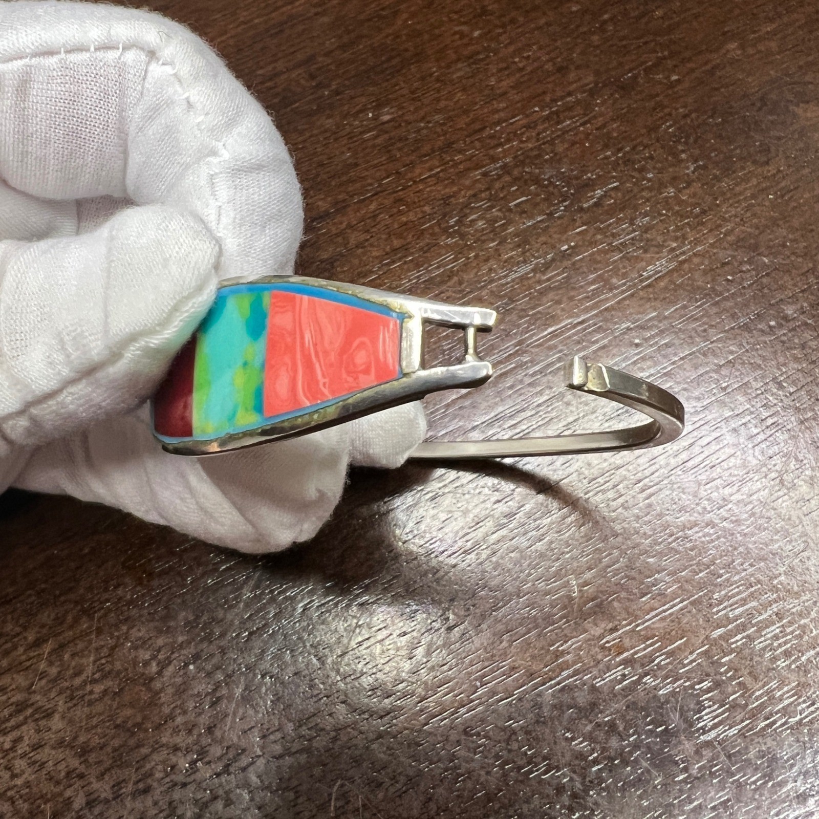 Vintage Alpaca Mexico Bangle Bracelet Multi Color Enamel Silver Tone 7.2 in
