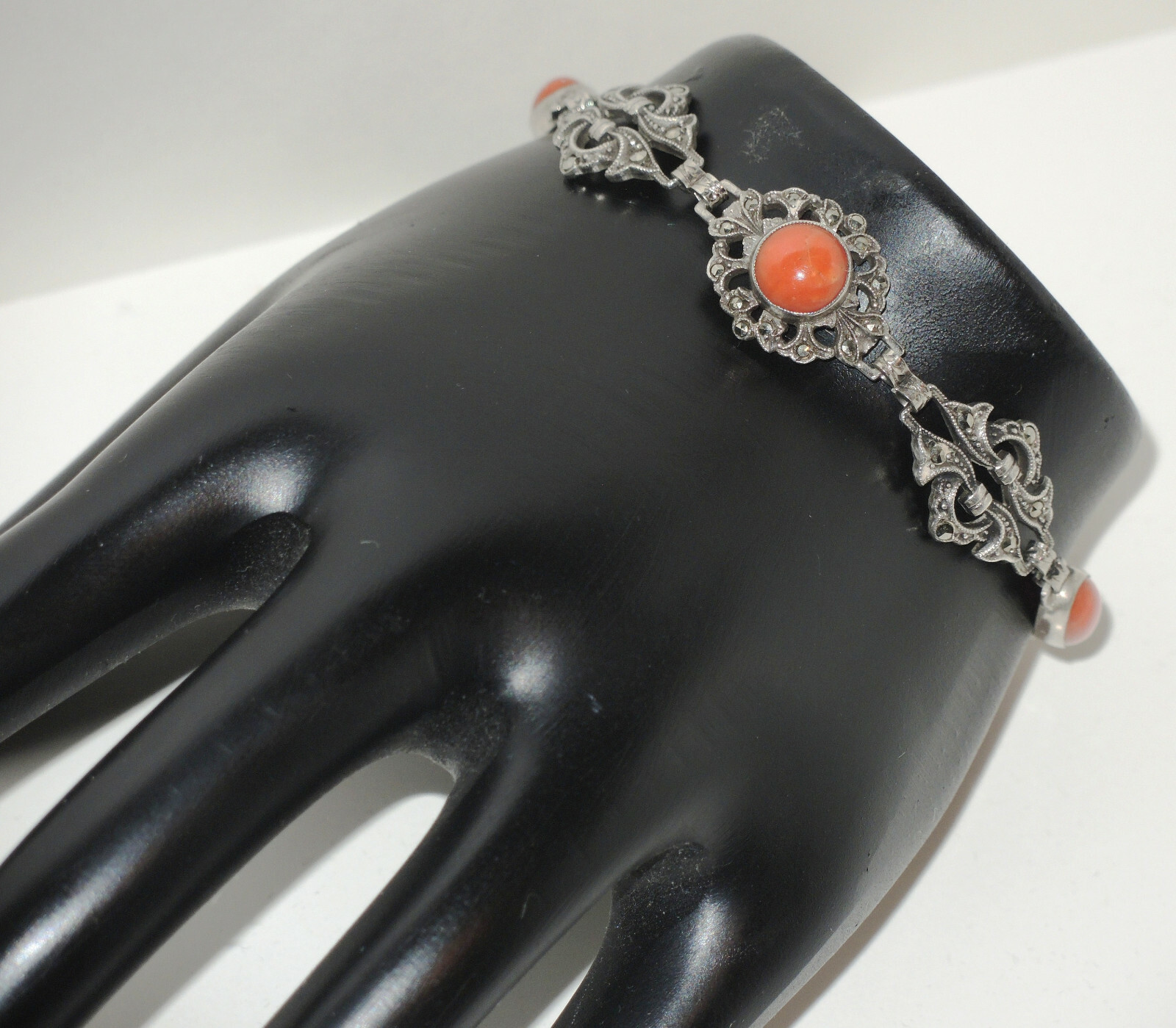 1920’s Art Deco Sterling Openwork Links Bracelet with Coral & Marcasites
