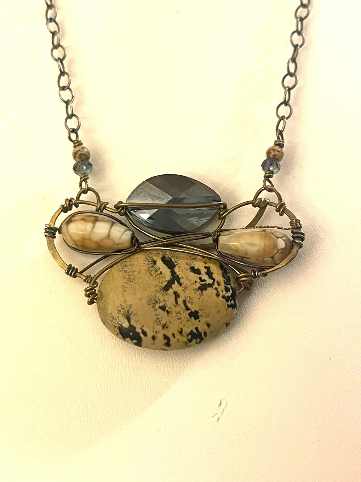 Vintage ONE OF A KIND Sterling Mixed Metal Dalmation Jasper Shell Necklace
