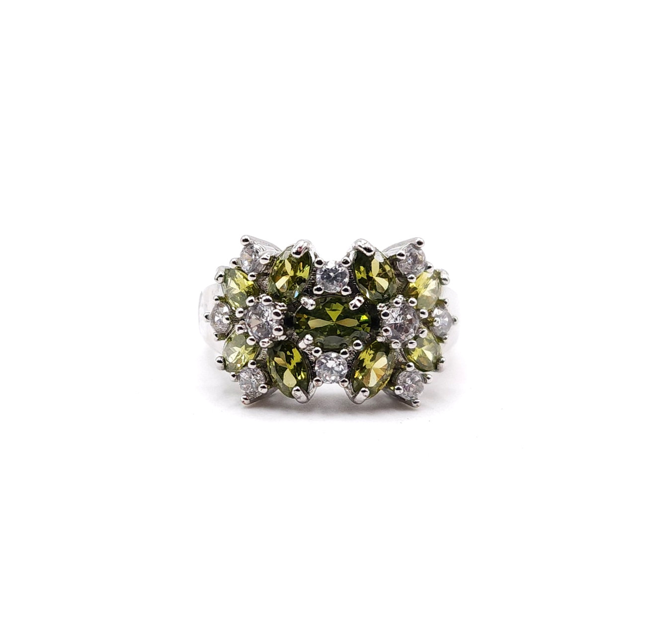 Sterling Silver 925 Green CZ Floral Cluster Ring Daisy Statement Vintage