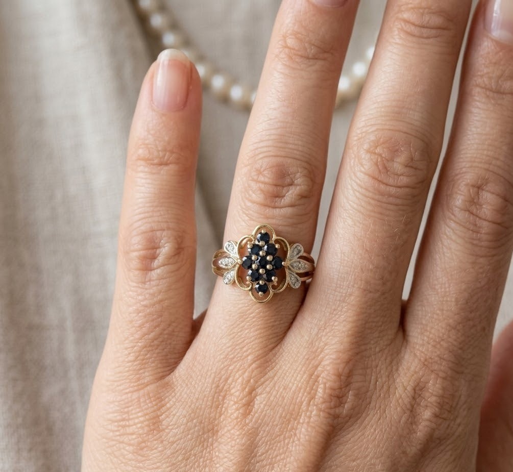 Round Cut 1CT Real Sapphire Floral Cluster Ring Vintage 14k Two-Tone Gold Finish