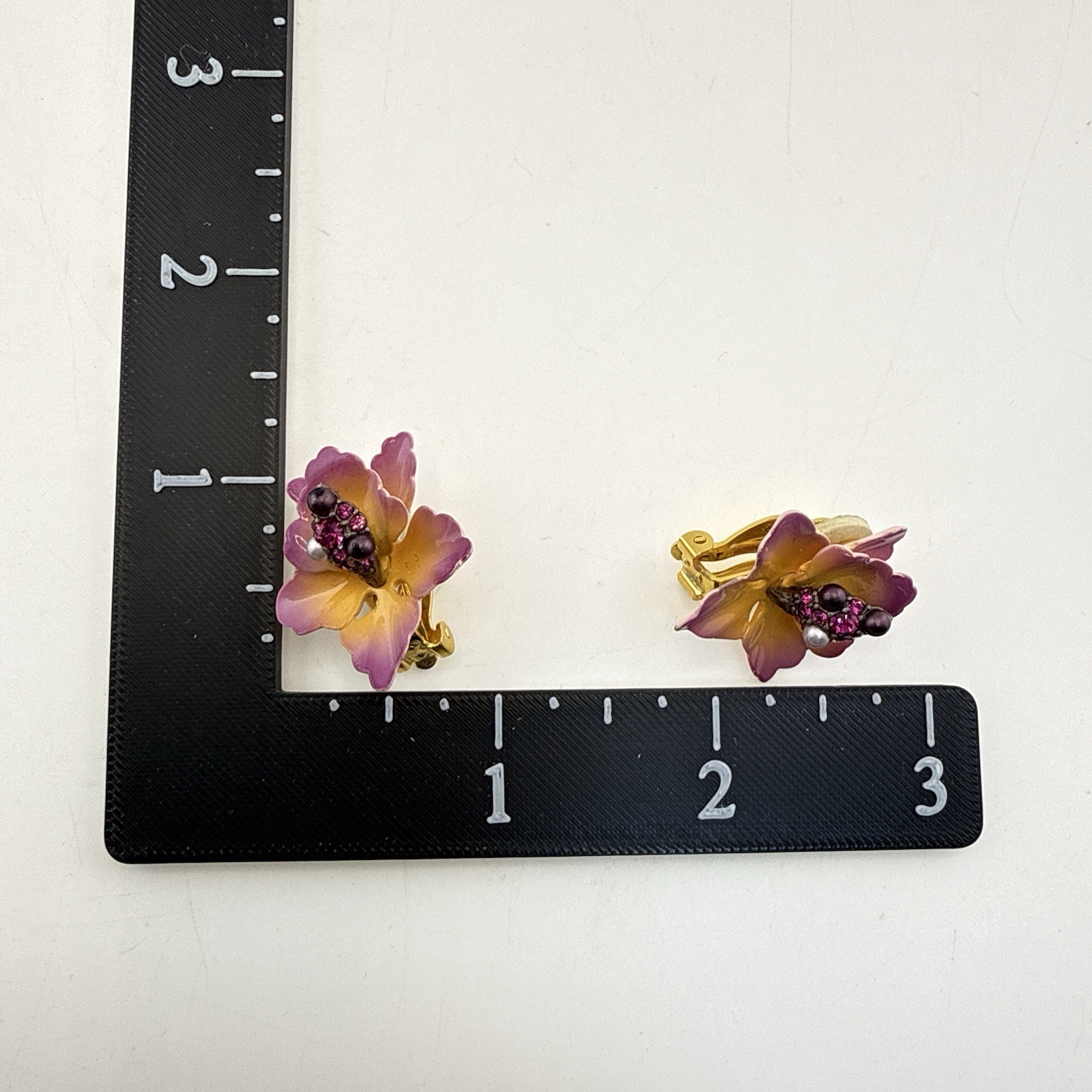 Vintage Joan Rivers Earrings Orchid Flower Floral Enamel Clip On Pink Purple